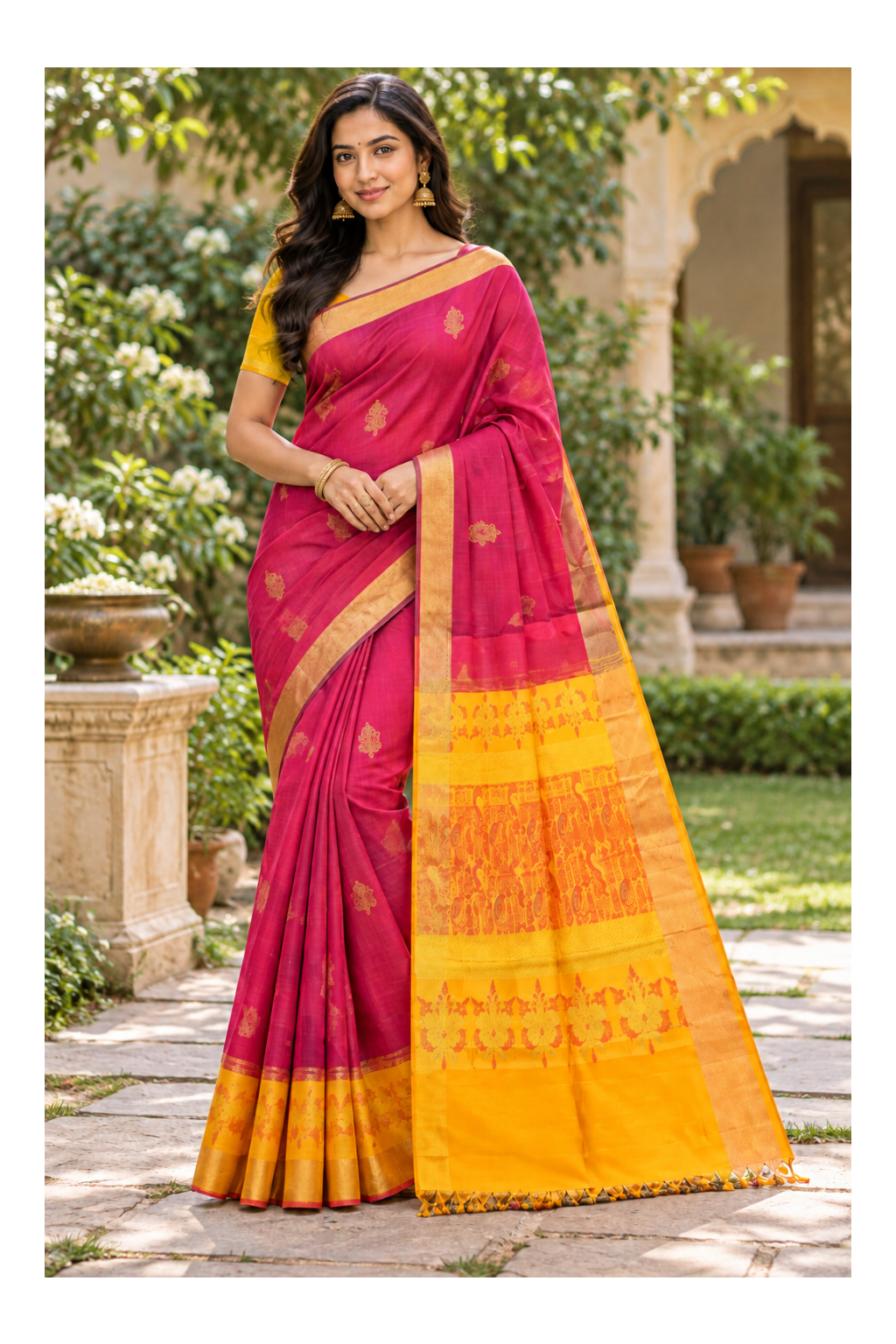 Rani Pink Gold Zari Woven Chanderi Silk Saree