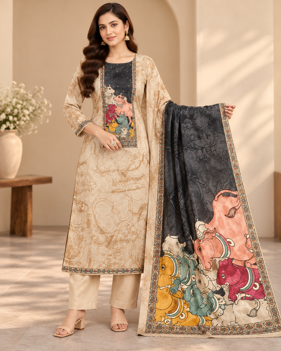 Beige Kalamkari-Inspired Suit Fabric with Artistic Printed Dupatta Main image