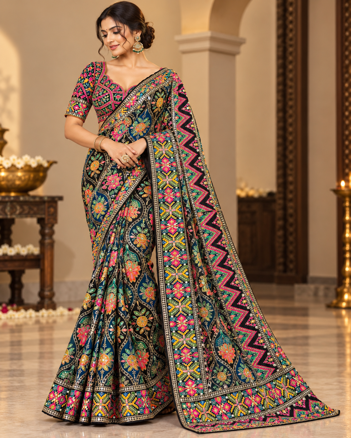 Black Multi-Color Embroidered Silk Saree