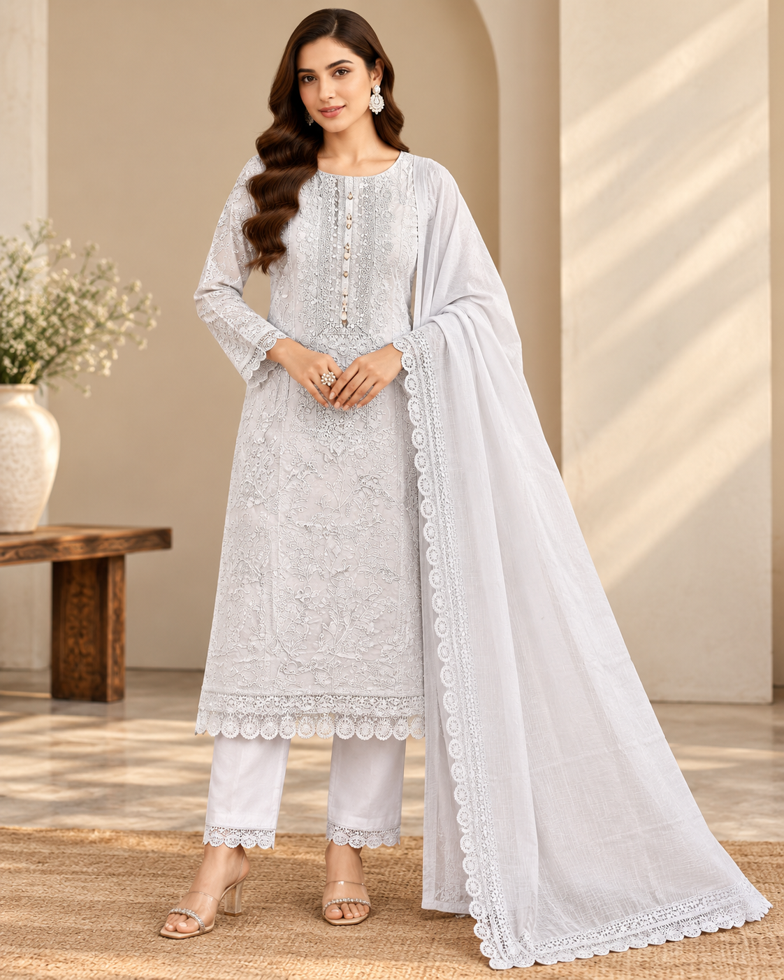 Ivory Embroidered Suit Fabric with Lace Dupatta Main image
