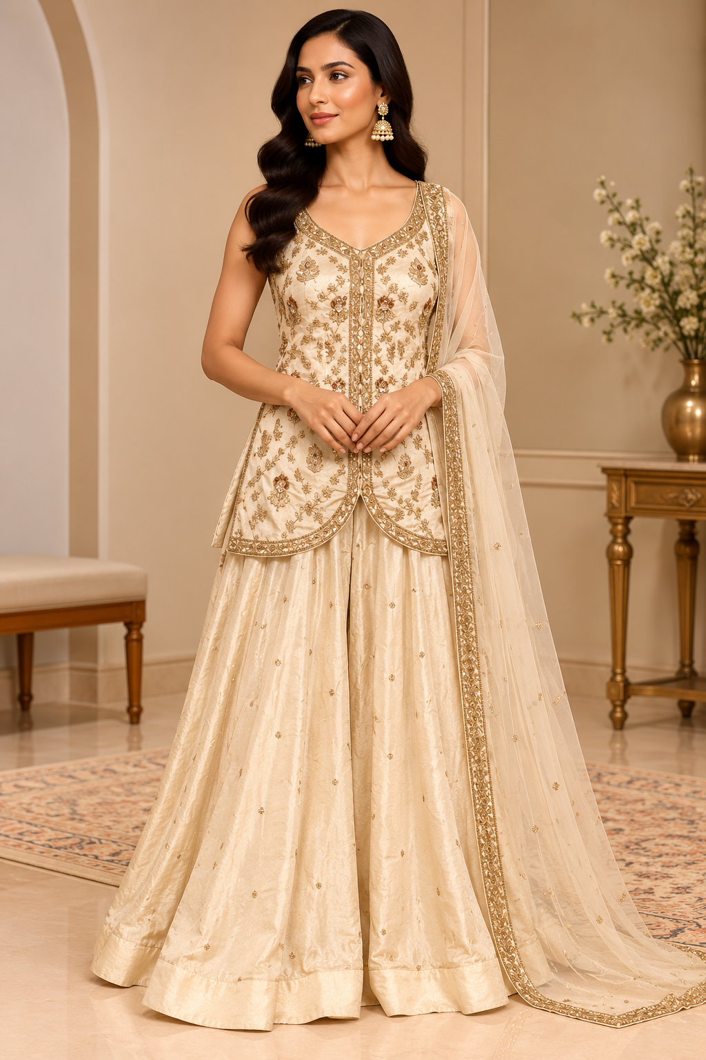 Ivory Gold Embroidered Designer Sharara Set