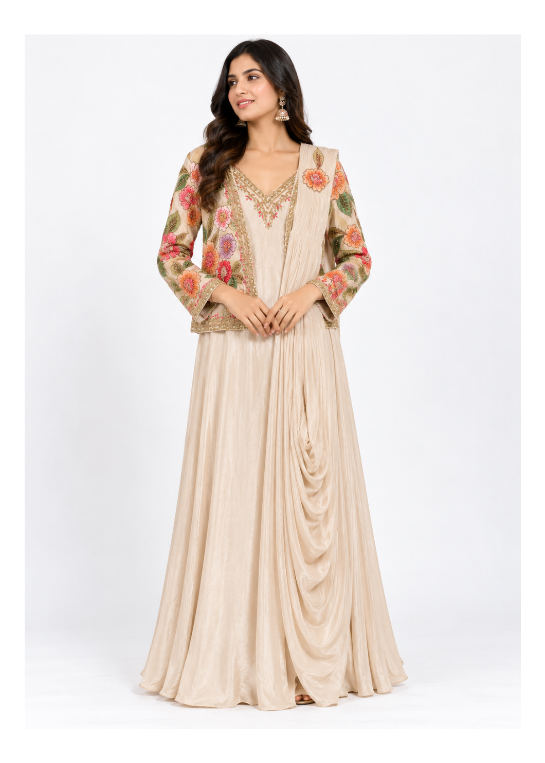 Elegant Ivory Floral Jacket Draped Gown