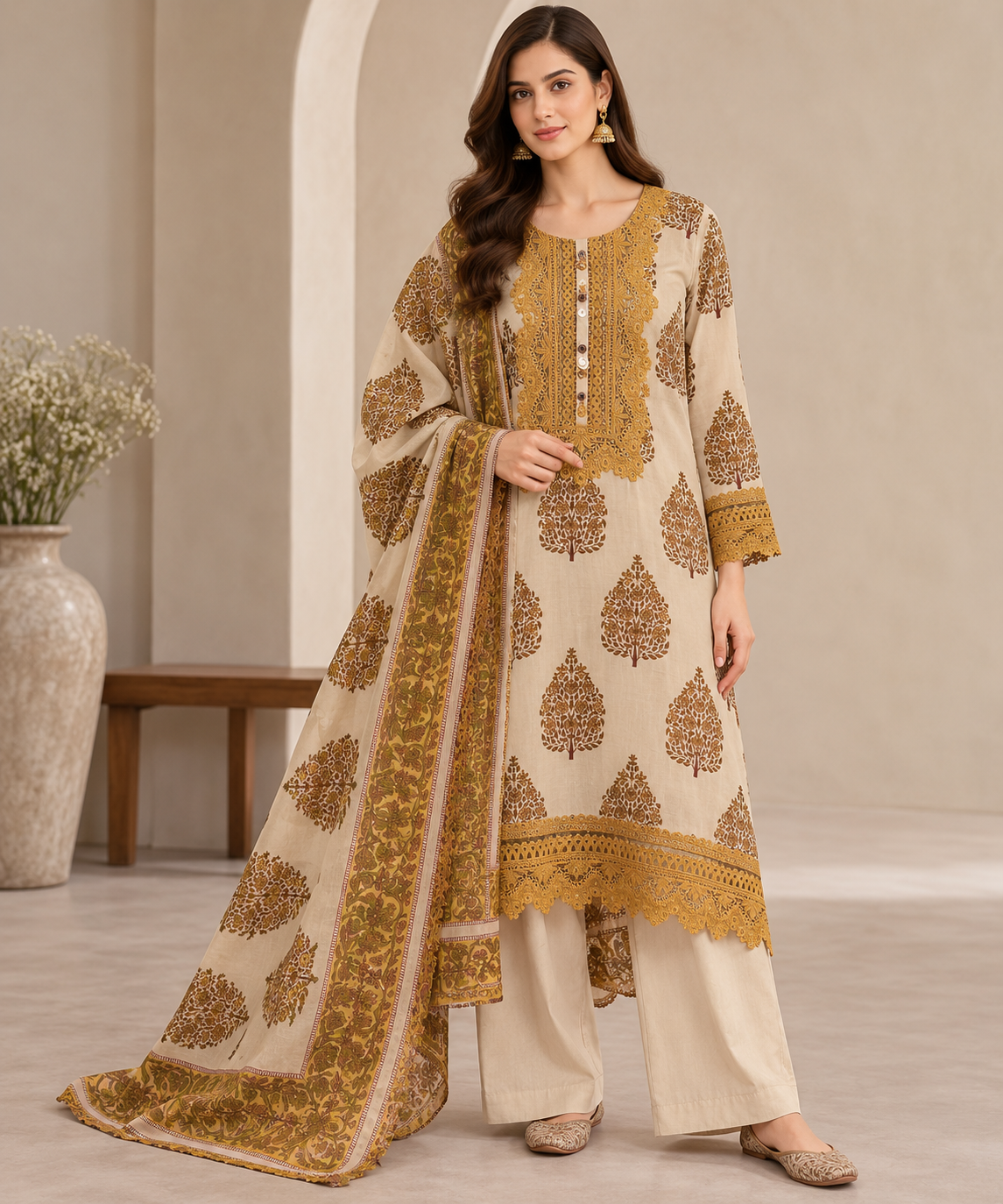 Beige & Ochre Yellow Tree Block Print Pakistani Suit Set Main image