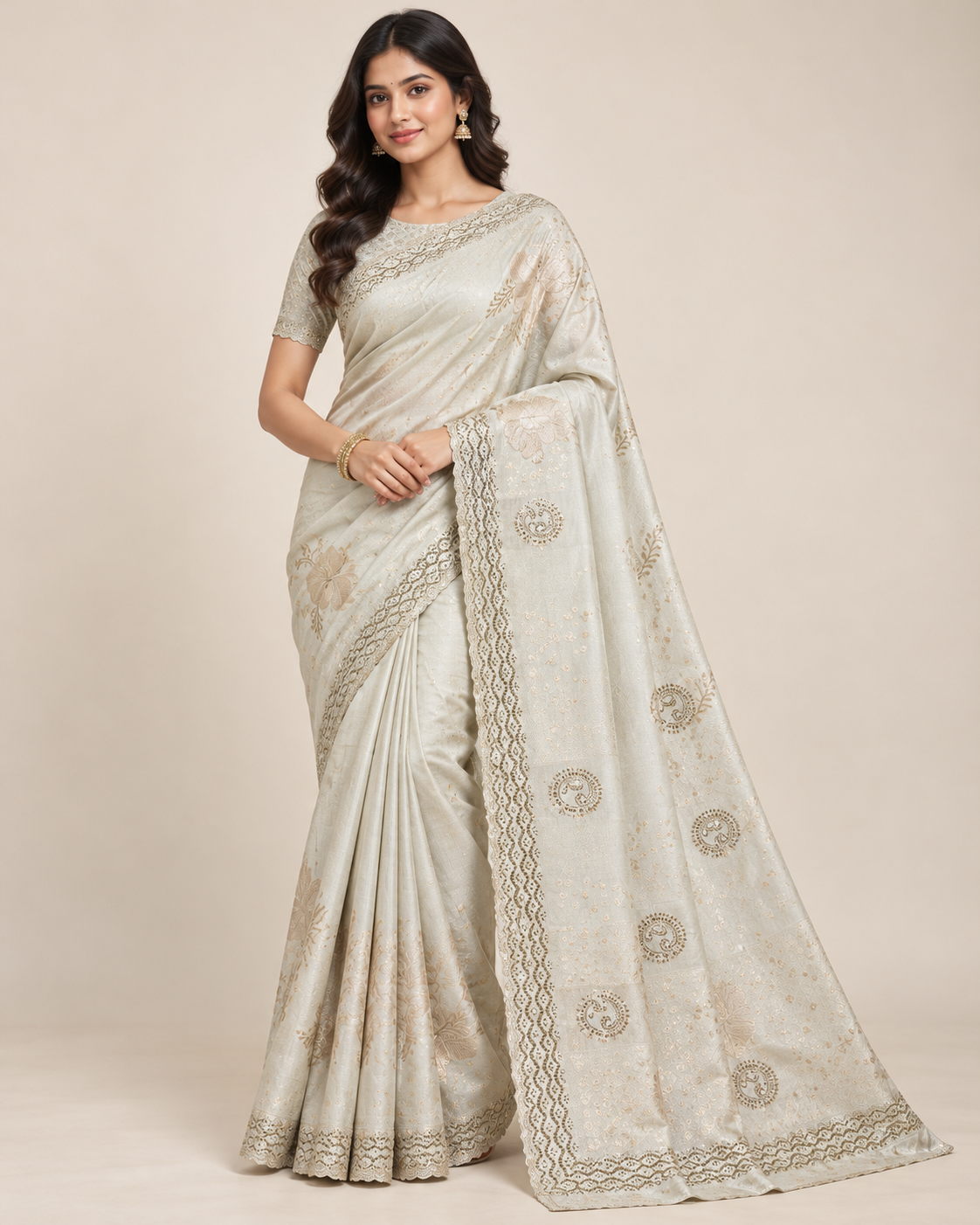 Ivory Saree with Golden Floral Motifs Main image