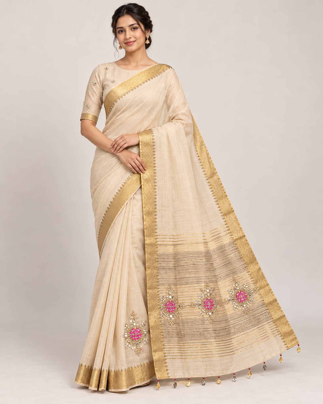 Ivory Gold Border Saree