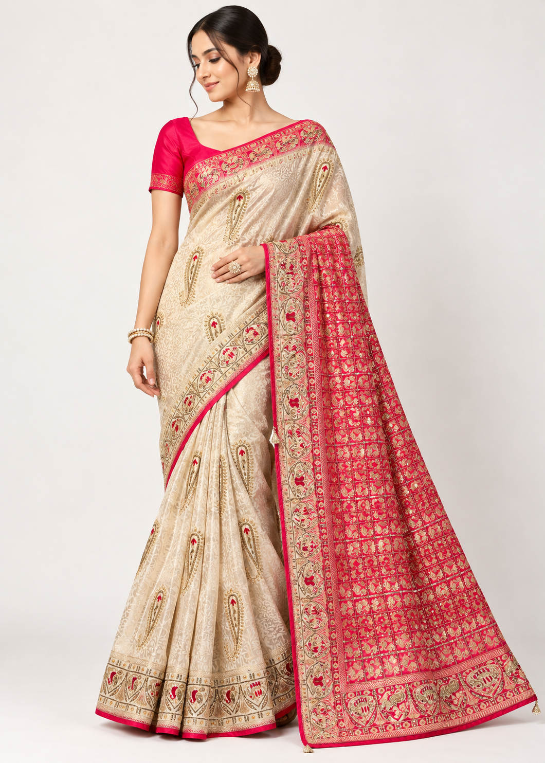 Ivory and Pink Embroidered Silk Saree