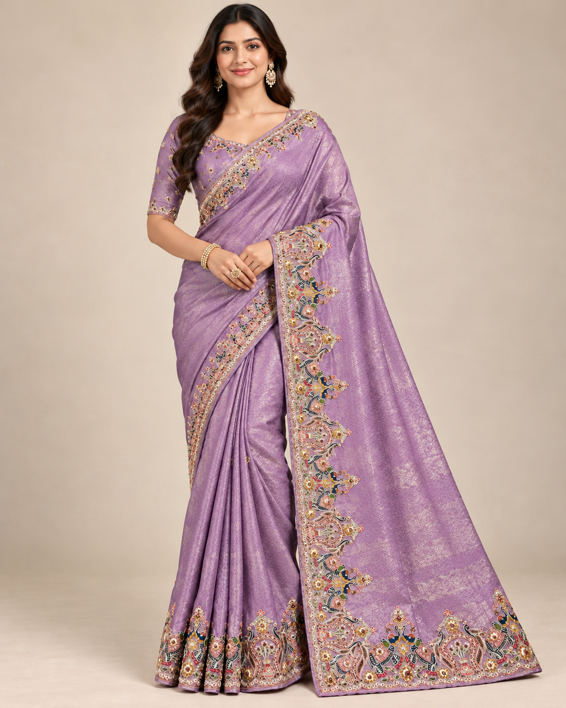 Lavender Designer Saree with Multicolour Traditional Embroidery Main image