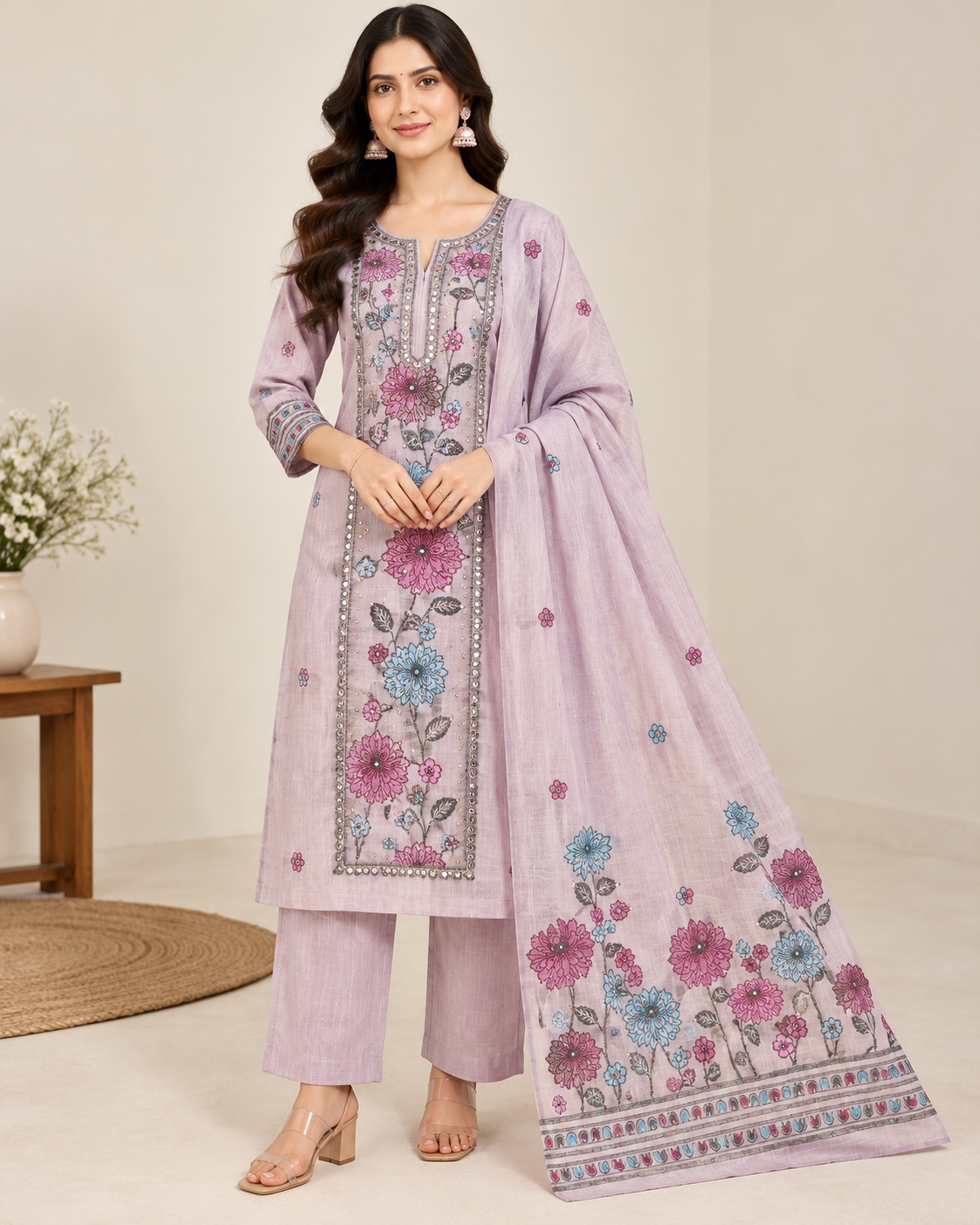 Elegant Lilac Floral Embroidered Unstitched Suit Fabric with Dupatta