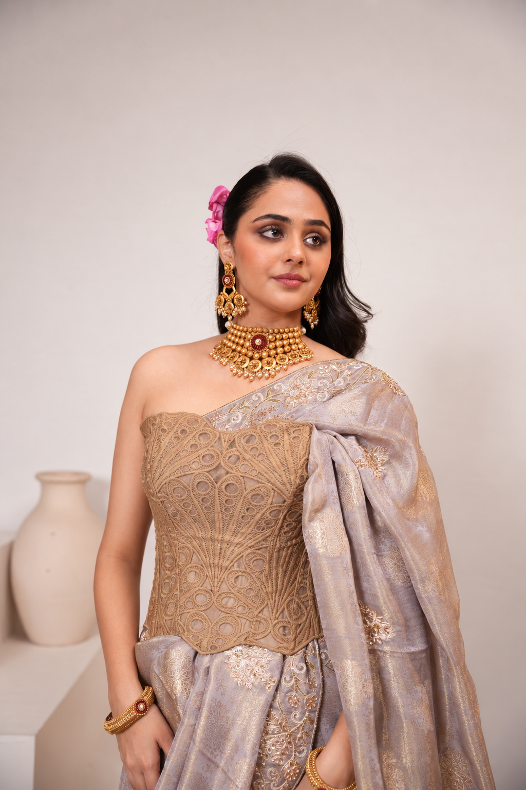 Lilac Silk Saree with Gold Woven Motifs & Corset Blouse Main image