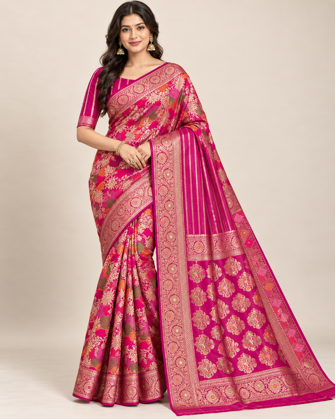 Magenta Pink Banarasi Saree with Rich Golden Zari Floral Border