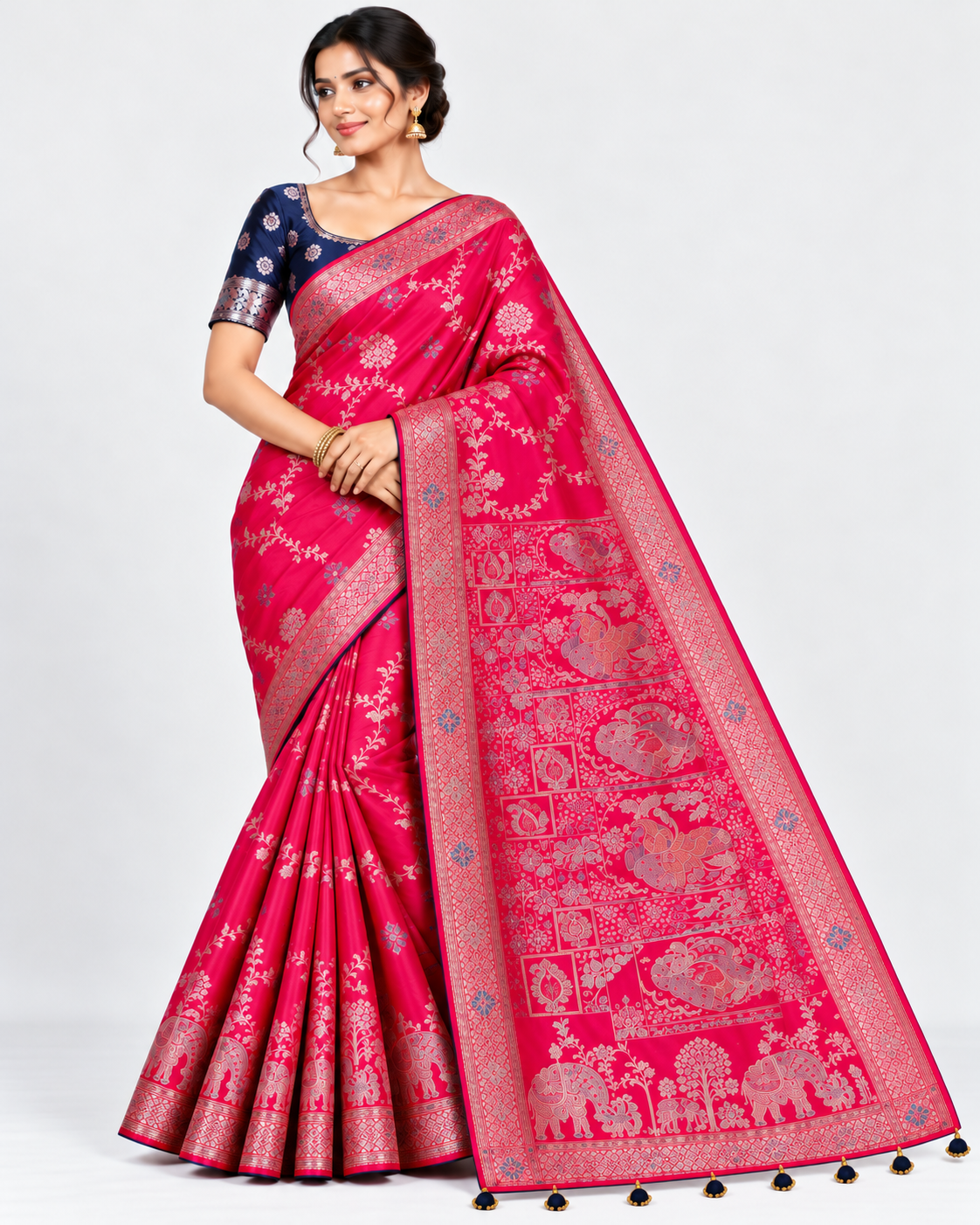 Rani Pink Silk Saree with Zari Border