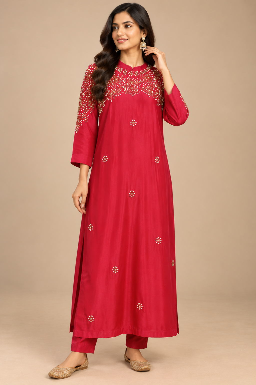 Rani Pink Embroidered Straight Kurta Set