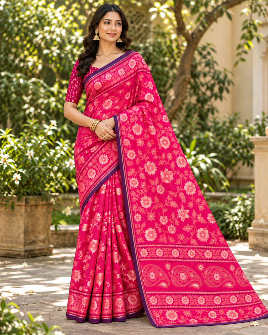 Rani Pink Designer Saree with Floral Motifs