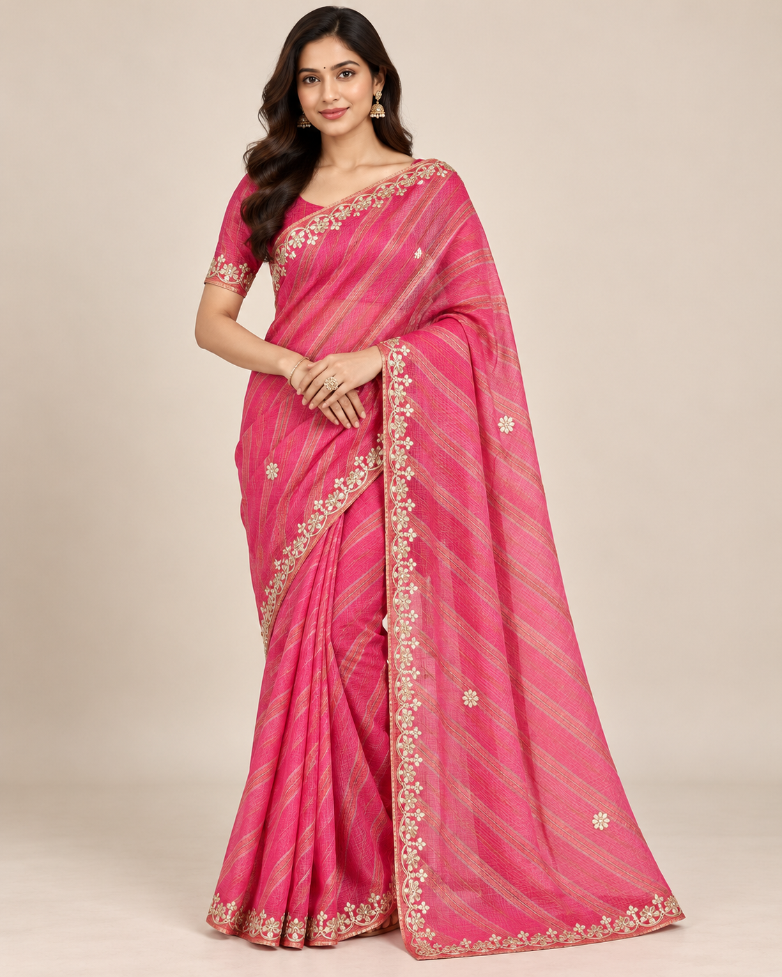 Rani Pink Saree with Golden Striped Detailing