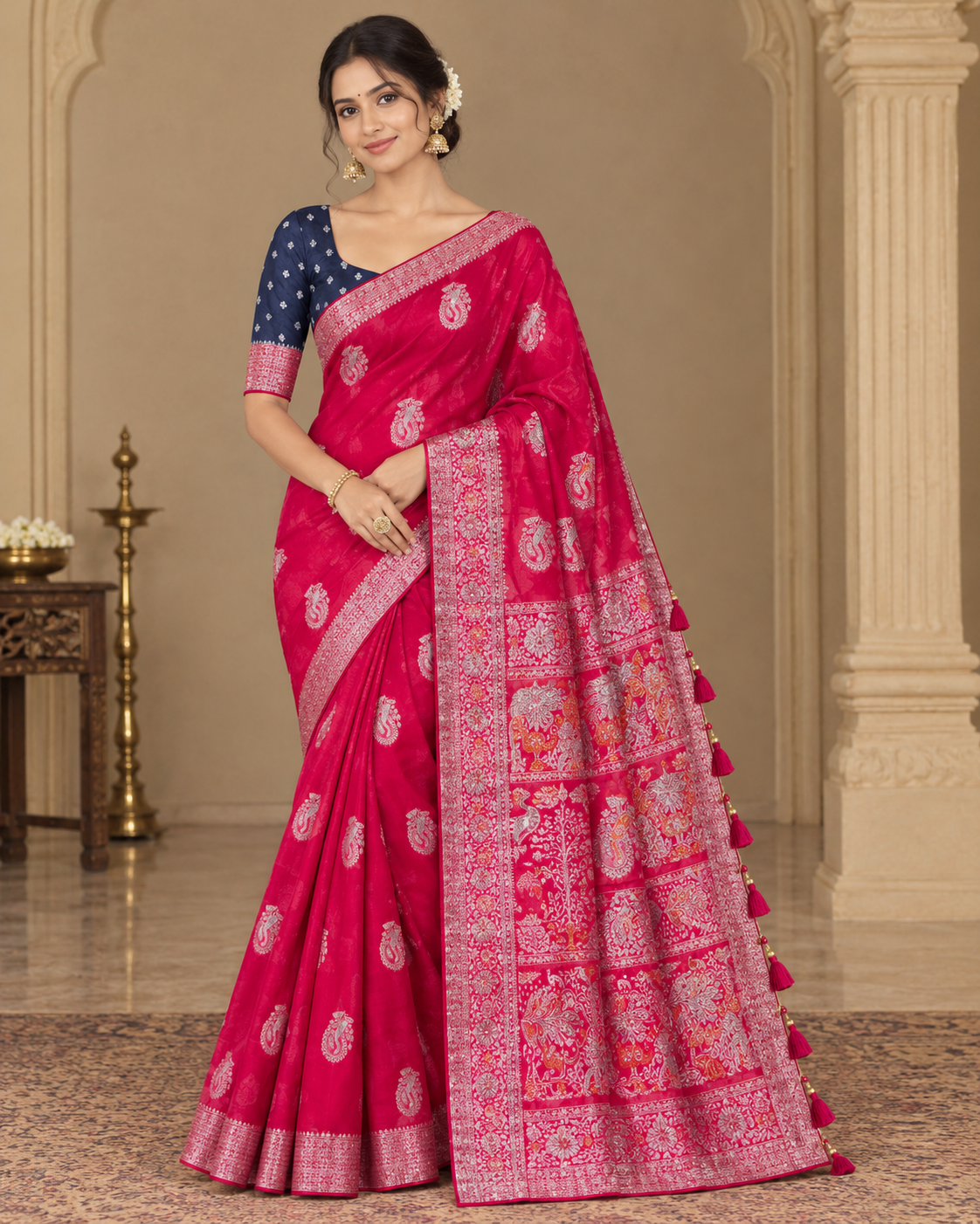 Rani Pink Silver Zari Woven Paithani Saree Main image