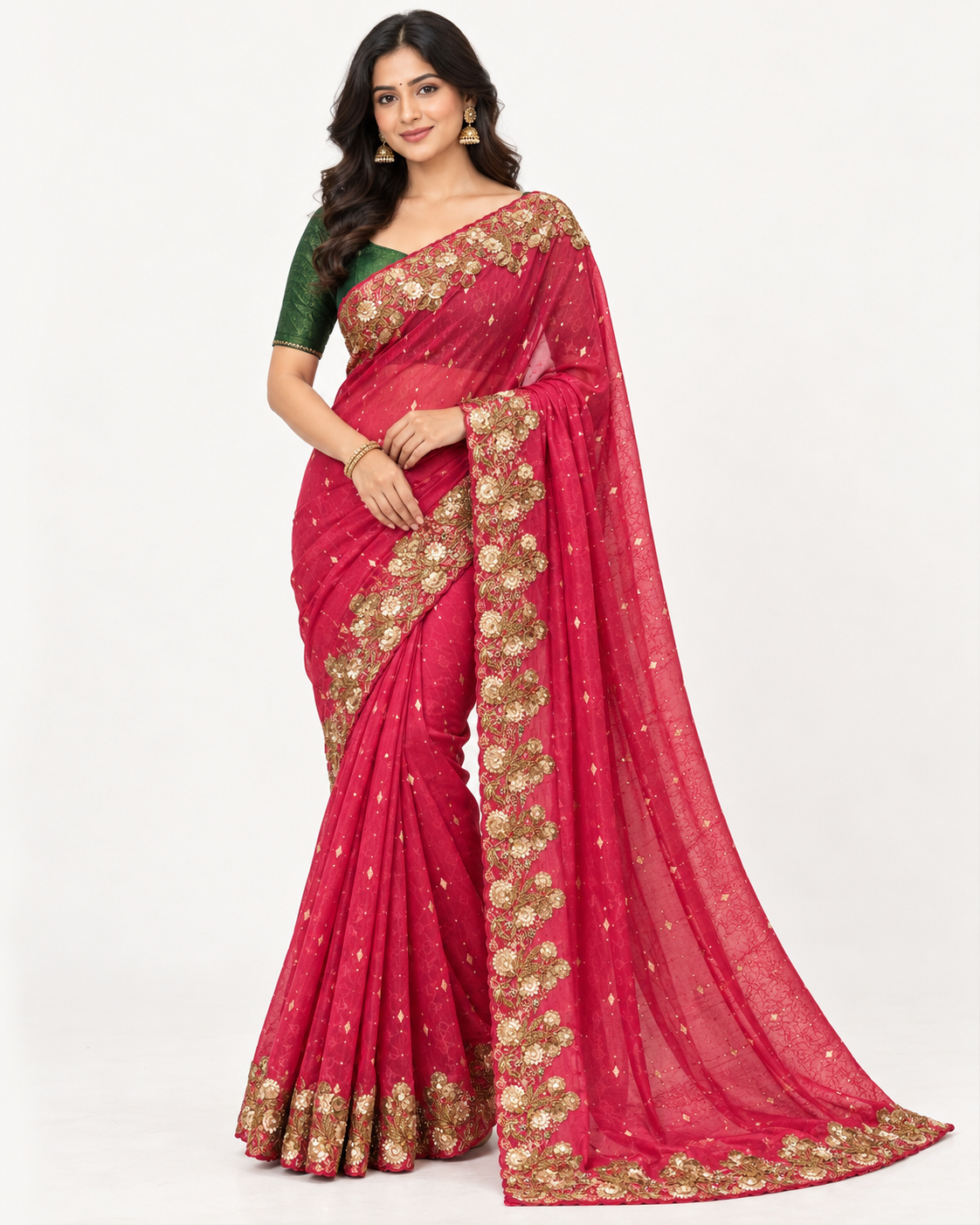 Magenta Embroidered Silk Saree with Green Blouse