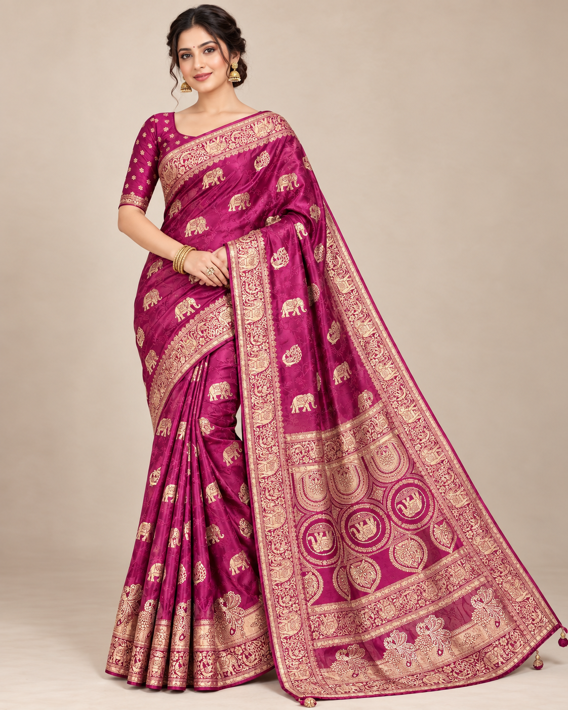 Magenta Soft Silk Saree with Traditional Elephant Motifs