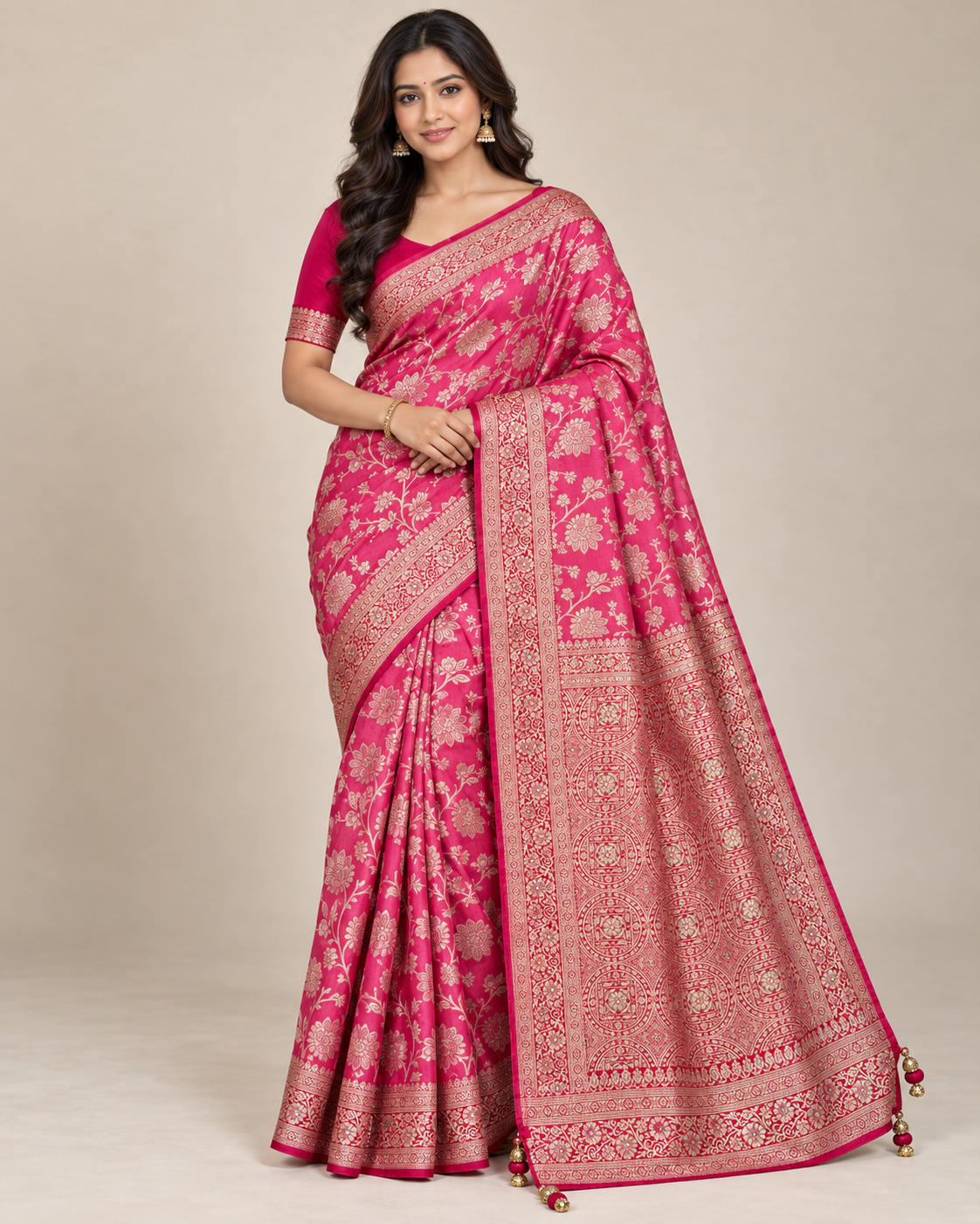 Rani Pink Banarasi-Style Saree with Golden Floral Zari Work