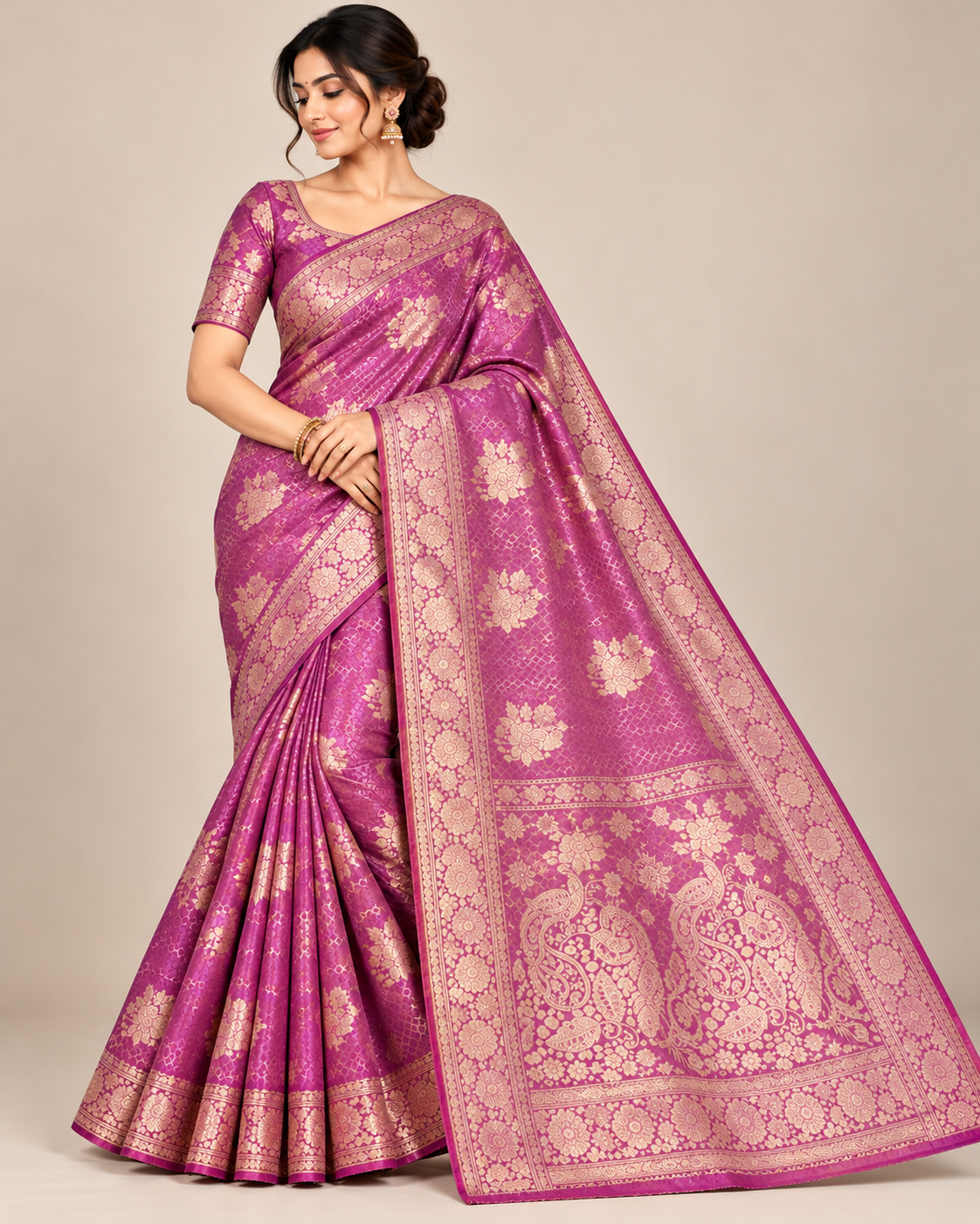 Royal Magenta Silk Saree with Golden Zari Main image