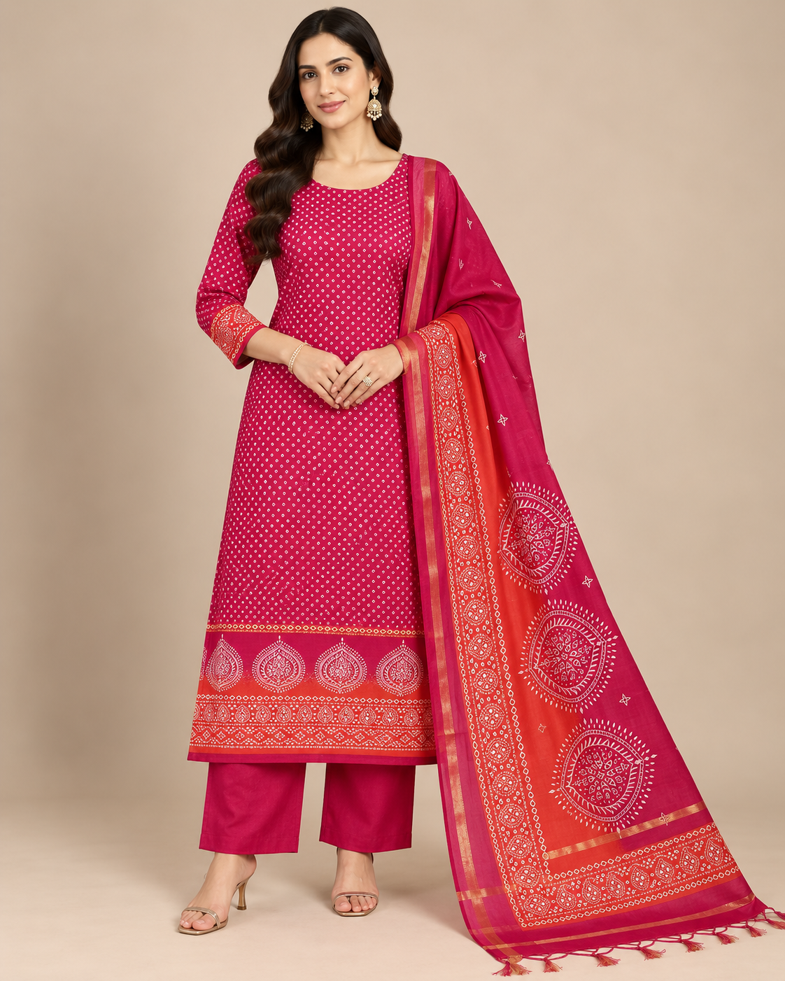 Rani Pink Bandhani-Inspired Suit Fabric with Statement Dupatta