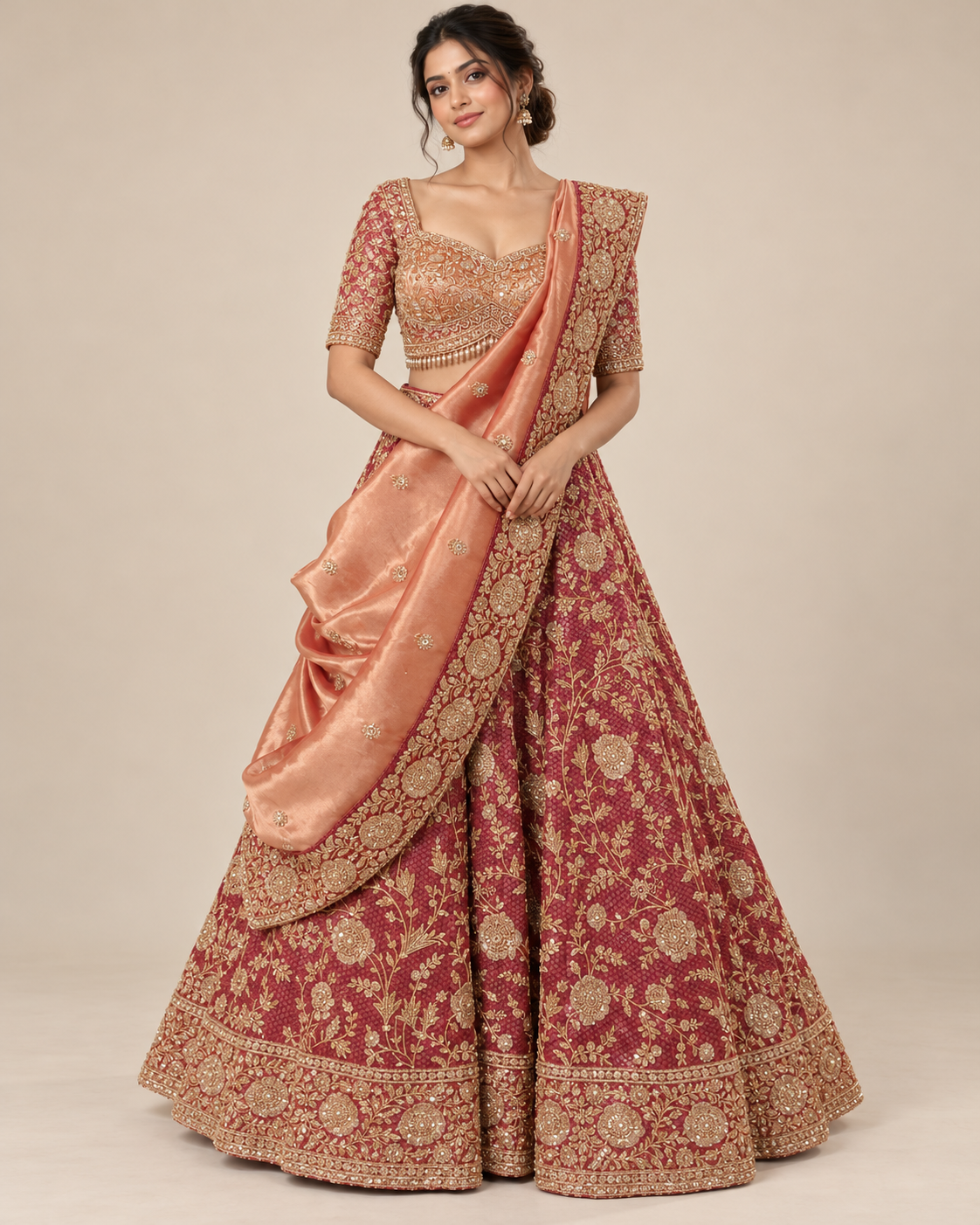 Elegant Maroon and Peach Bridal Lehenga Main image