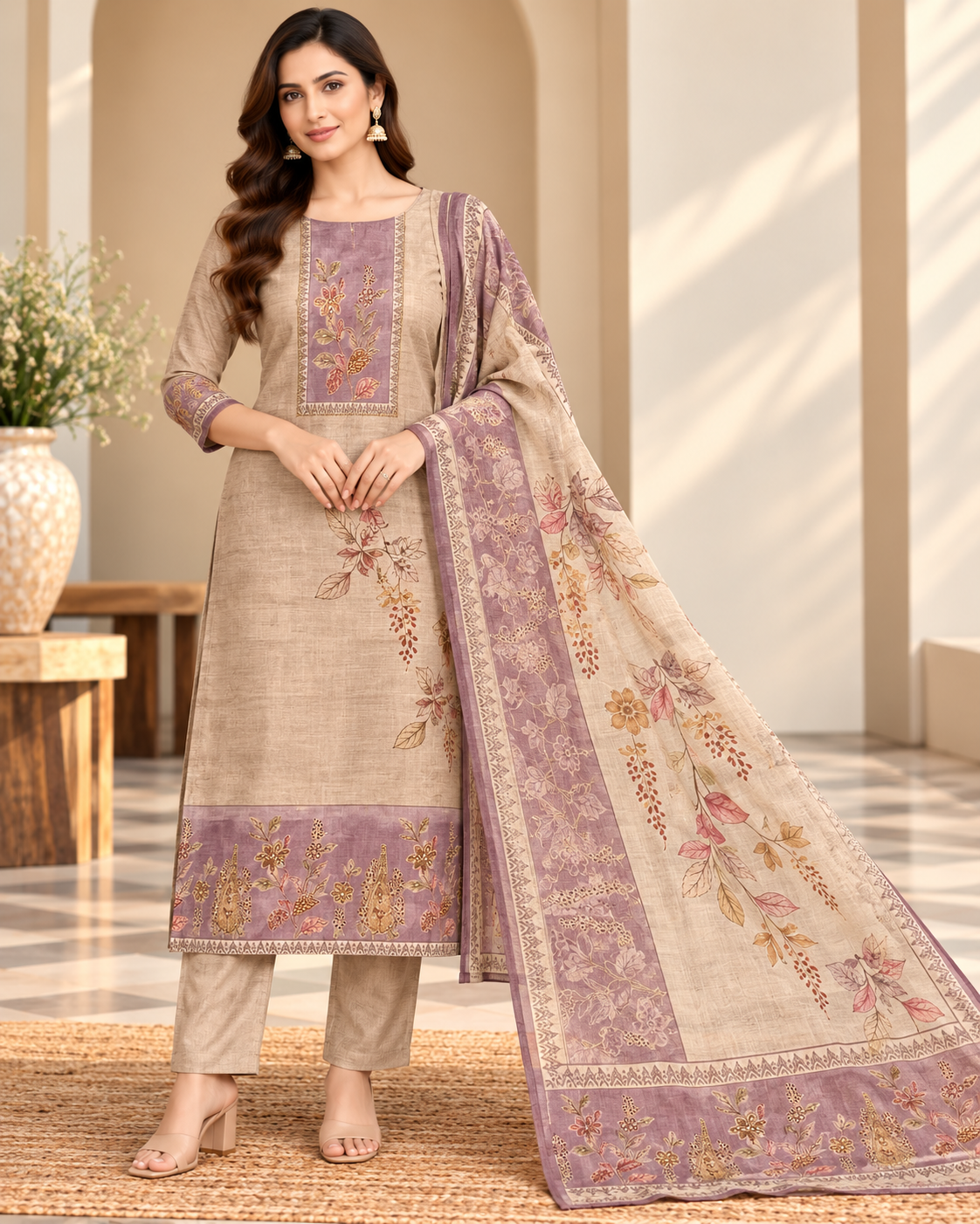 Beige Floral Suit Fabric with Printed Dupatta