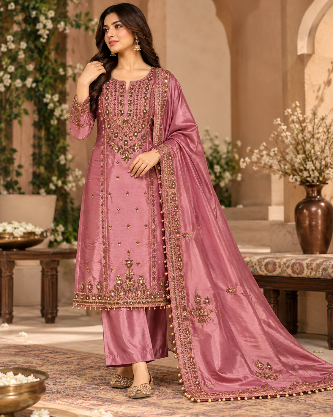 Dusty Rose Gold Embroidered Designer Suit Main image