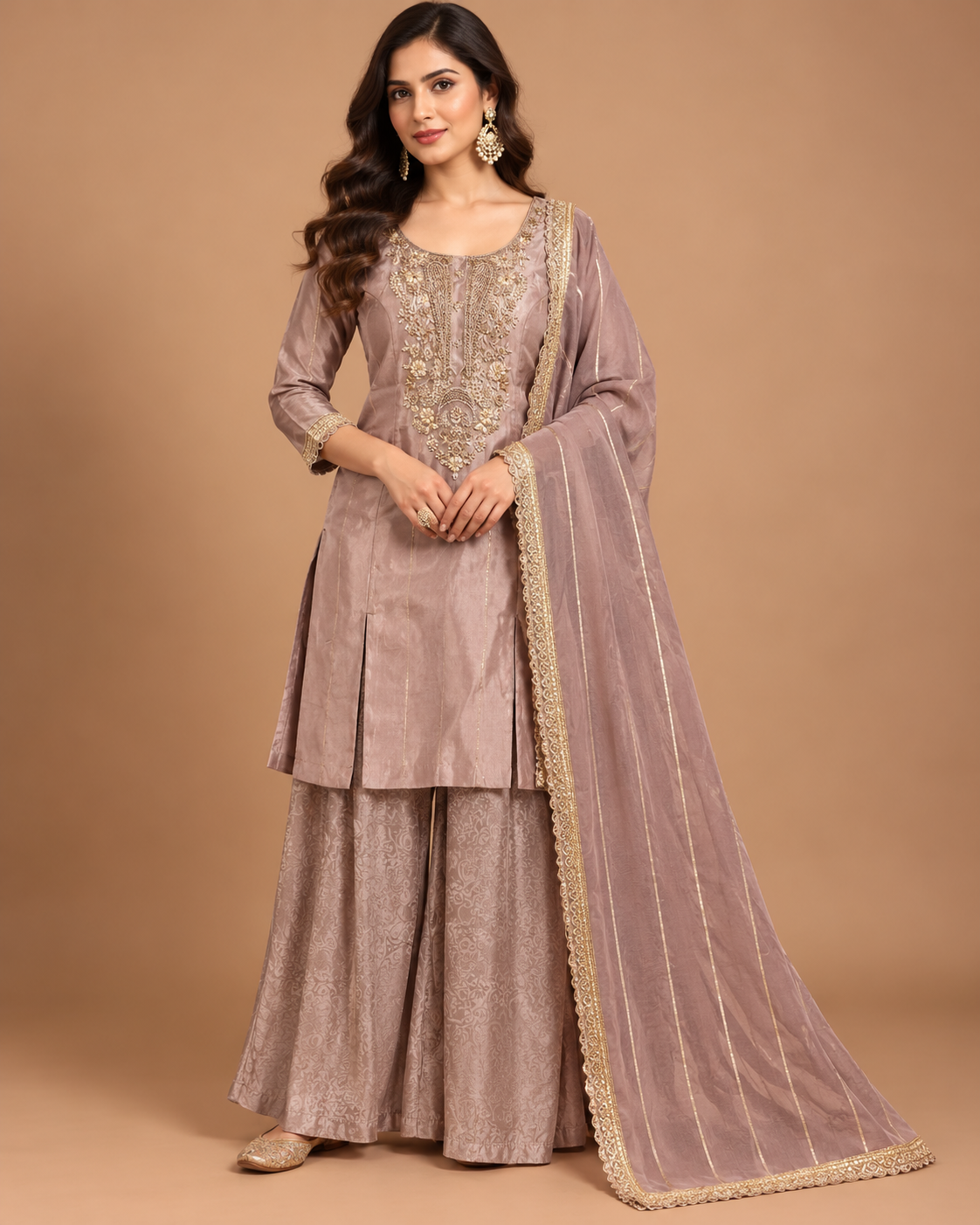 Dusty Mauve Embroidered Kurta Palazzo Set