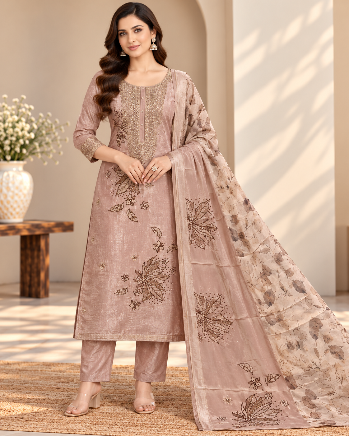 Mauve Embroidered Suit Fabric with Floral Printed Dupatta