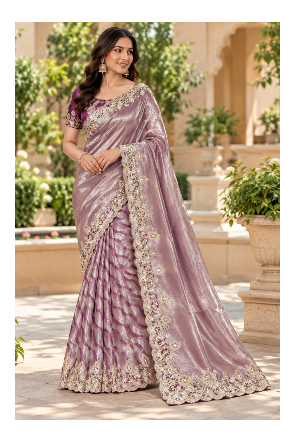 Mauve Woven Wave Metallic Tissue Saree
