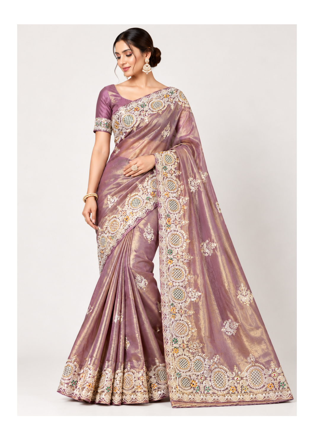 Mauve Mirror Work Tissue Saree Main image