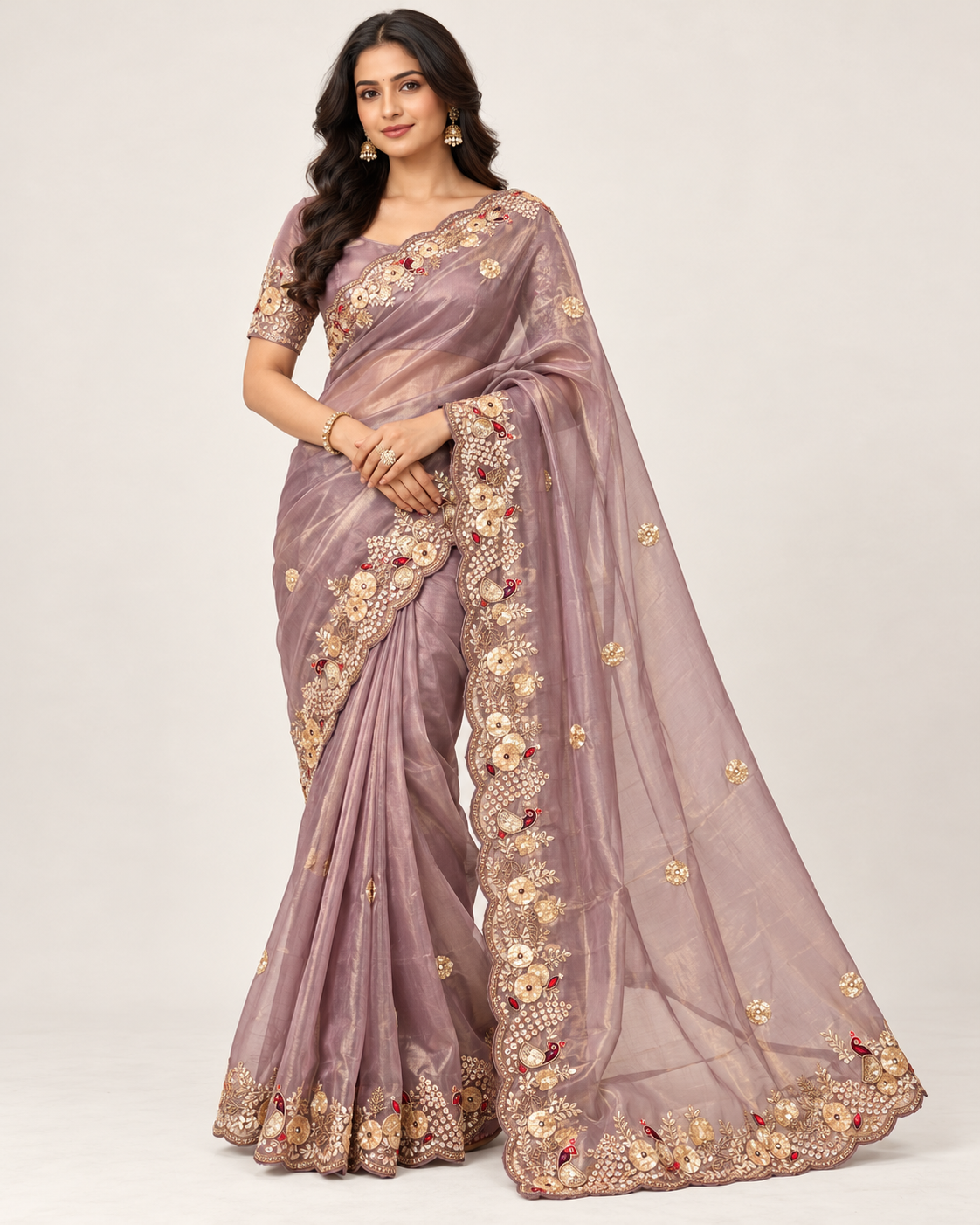Dusty Mauve Organza Saree with Scalloped Embroidery
