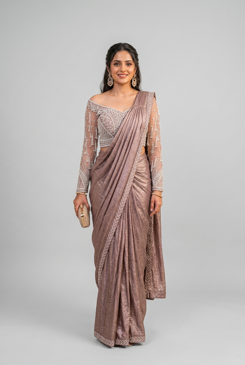 Shimmer Mauve Pre Draped Saree Main image