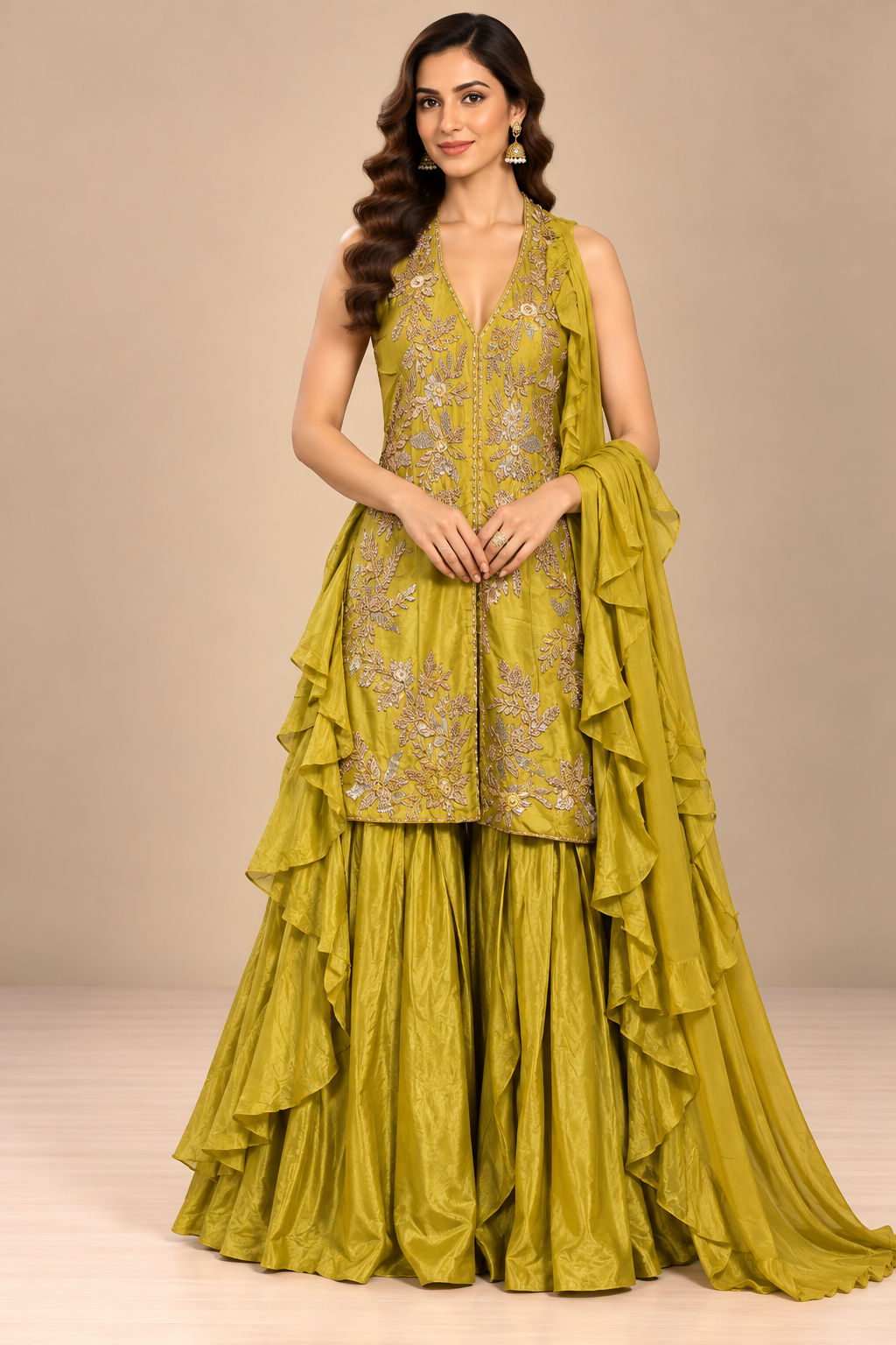 Vibrant Olive Gold Ruffled Sharara Set