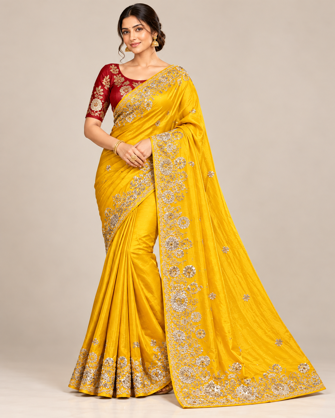 Radiant Mustard Yellow Embroidered Silk Saree with Contrast Red Blouse Main image