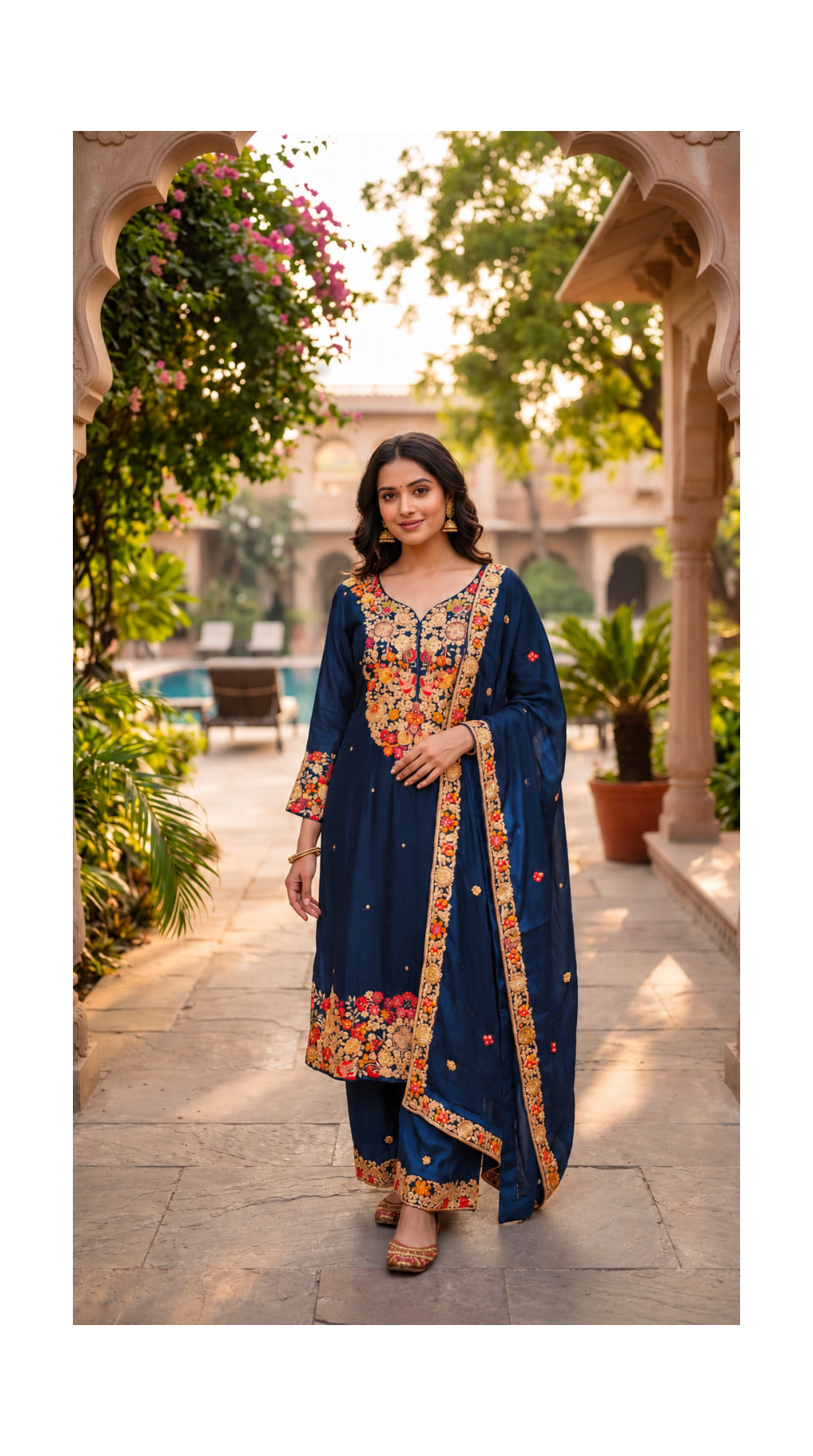 Deep Navy Floral Embroidered Suit Set Main image