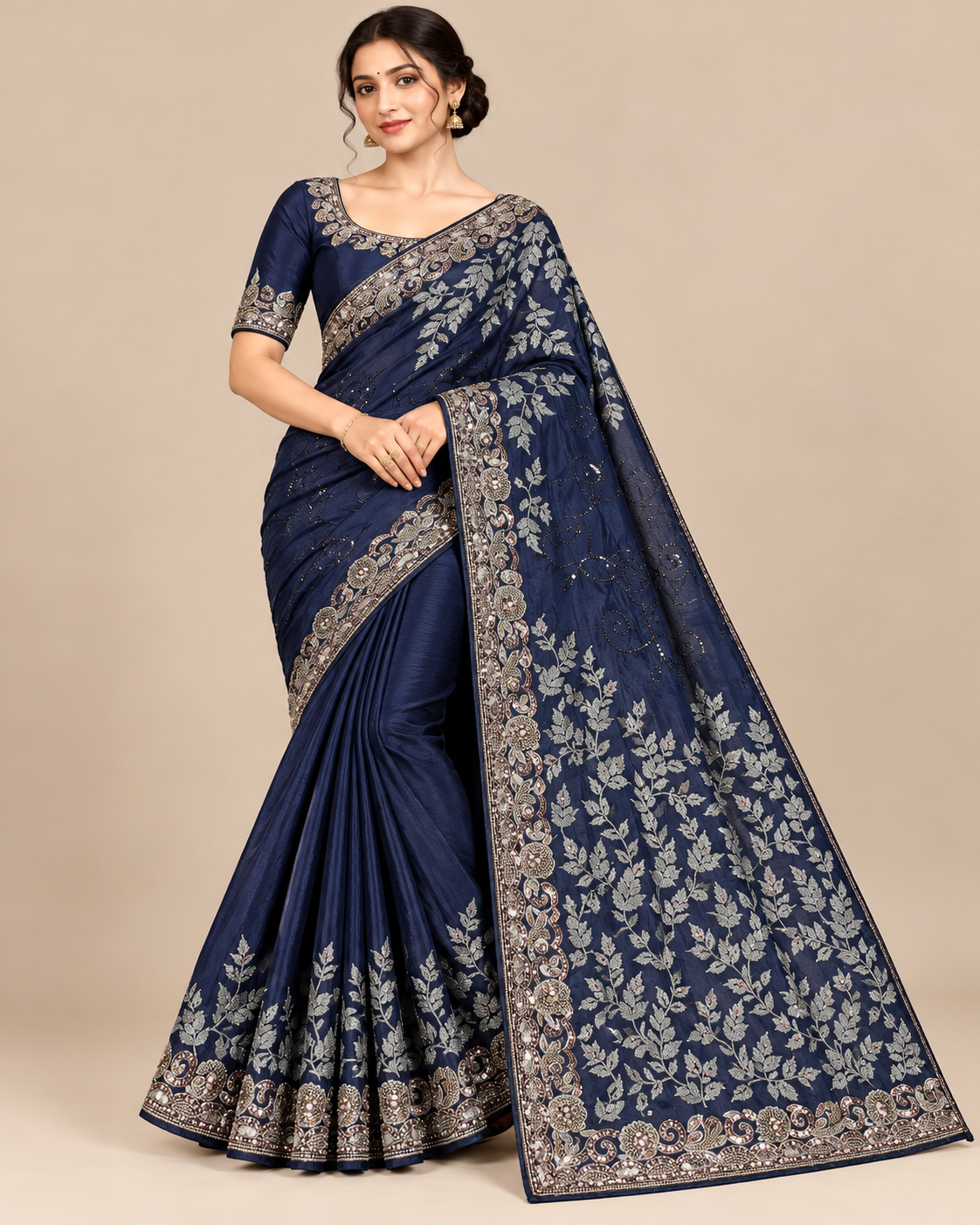 Navy Blue Silver Embroidered Silk Saree