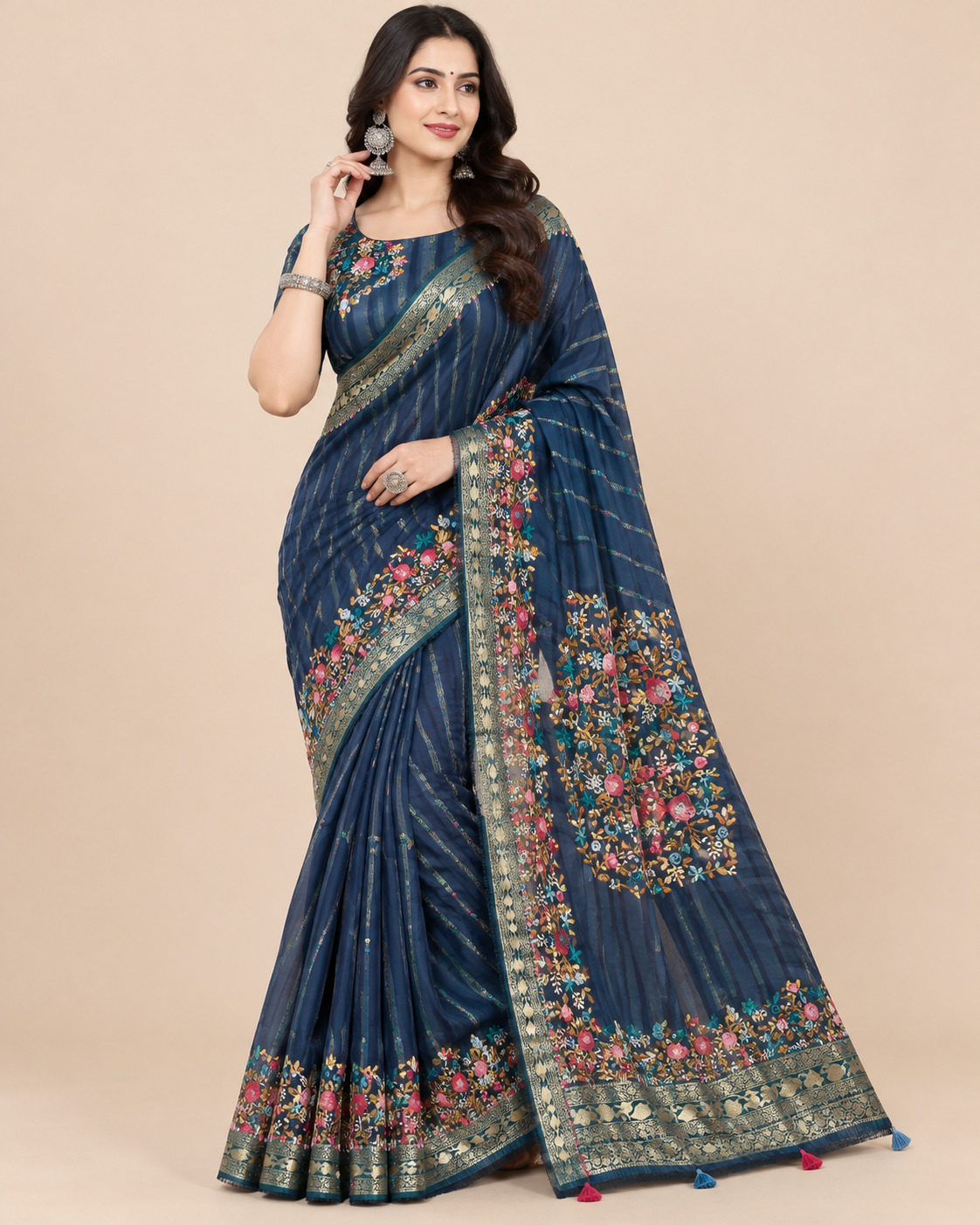 Navy Blue Zari Striped Floral Saree