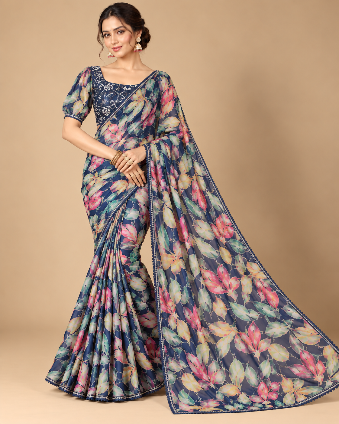 Navy Blue Multicolour Floral Printed Saree