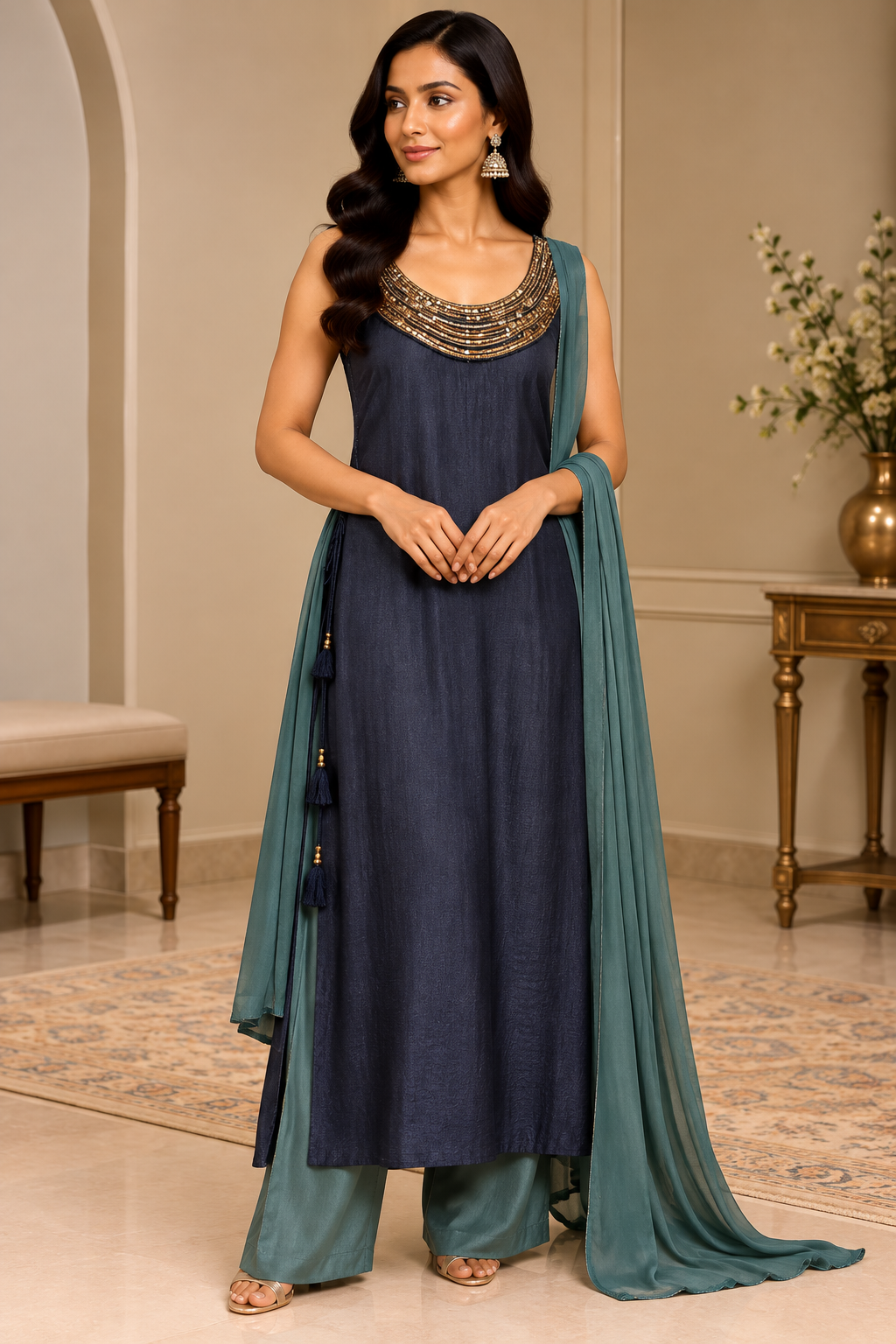 Navy Blue Gold Embroidered Palazzo Suit