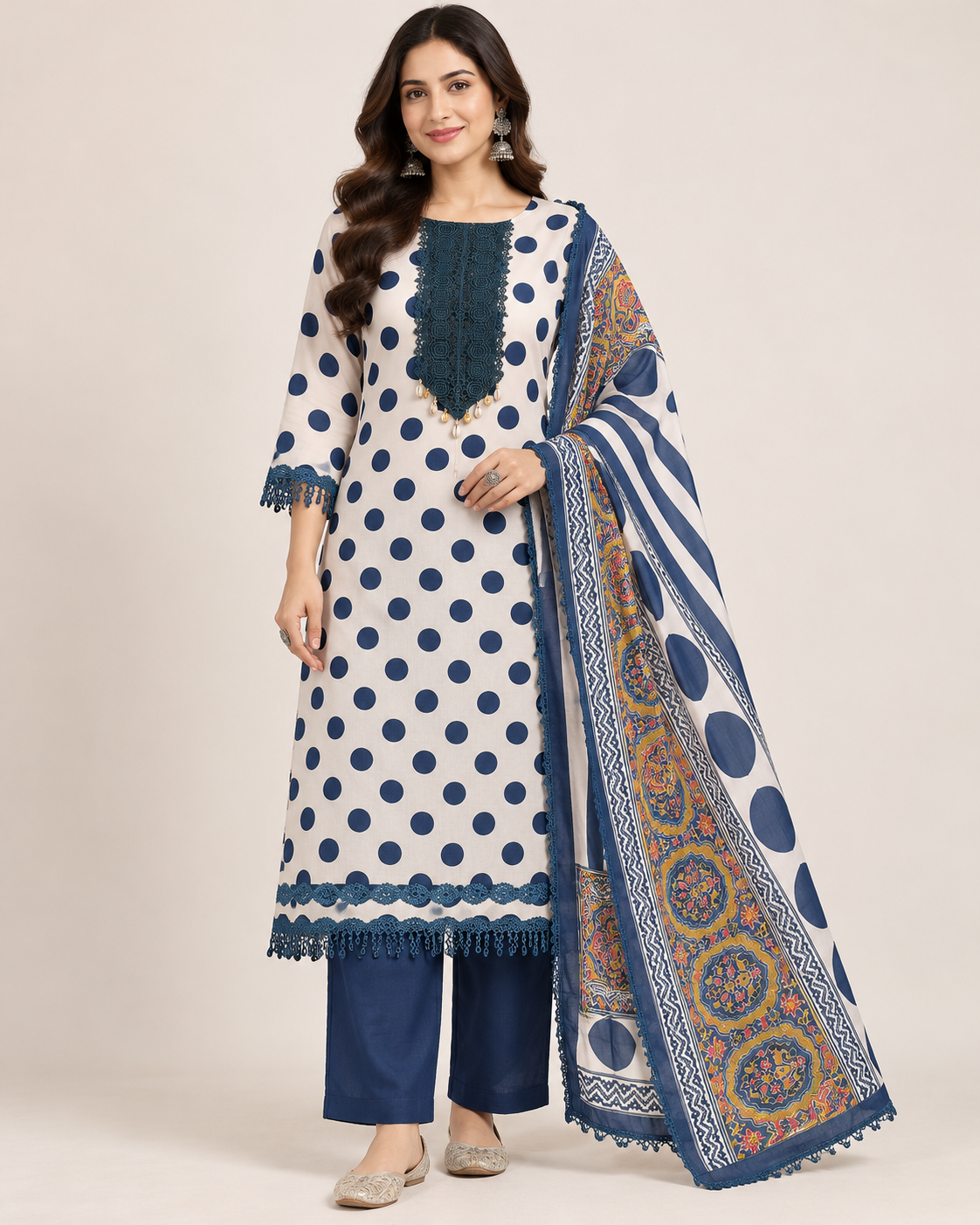 Navy Blue Polka Dot Printed Suit Set with Designer Dupatta Main image