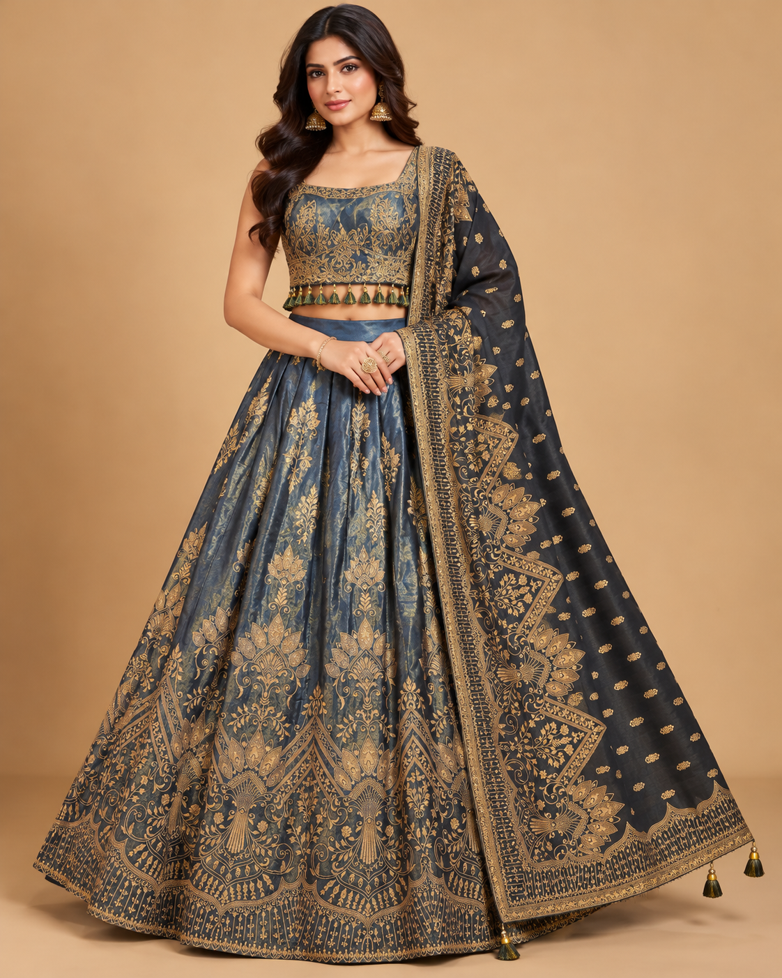 Charcoal Blue Brocade Silk Lehenga Set Main image