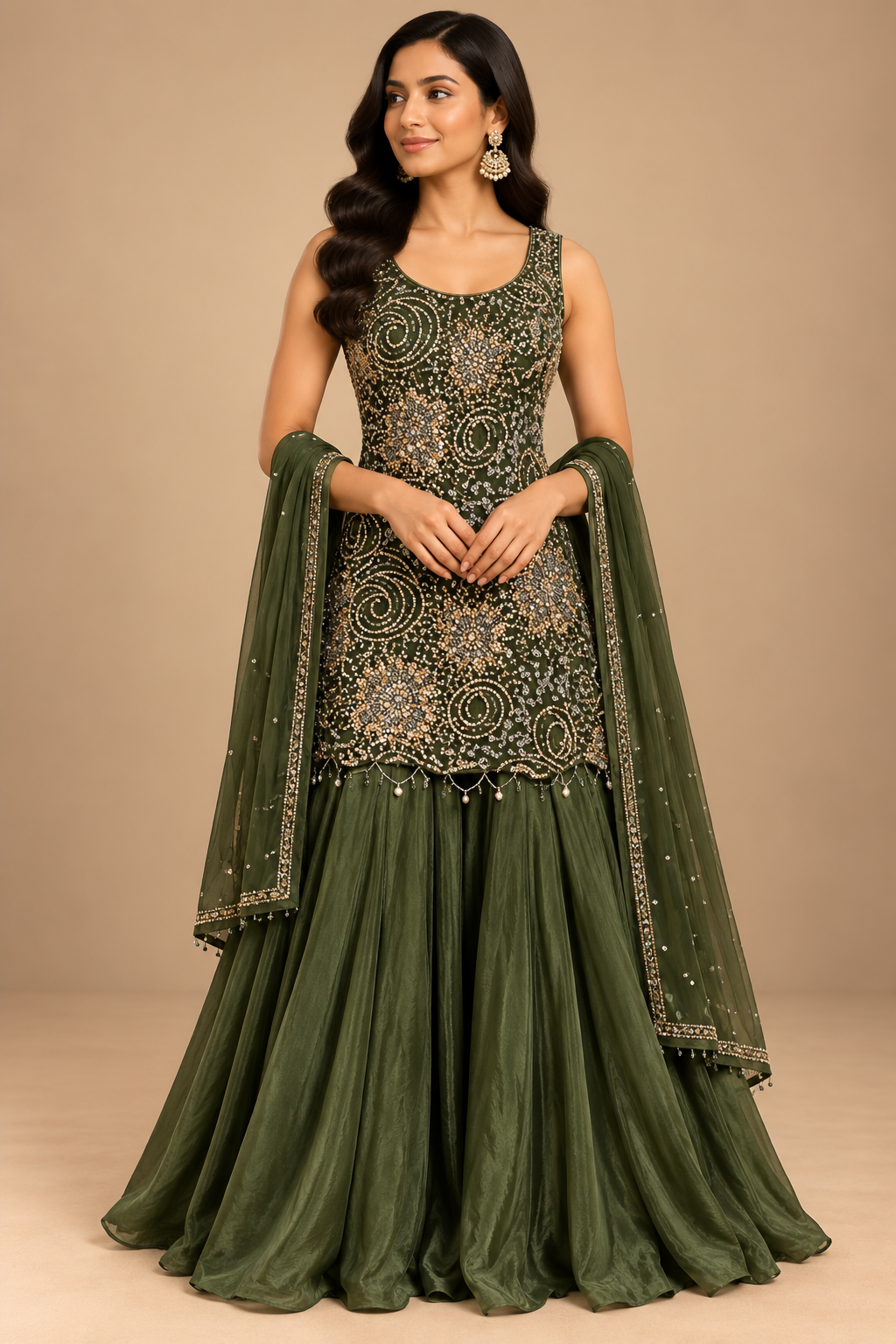 Olive Green Embroidered Designer Sharara Set
