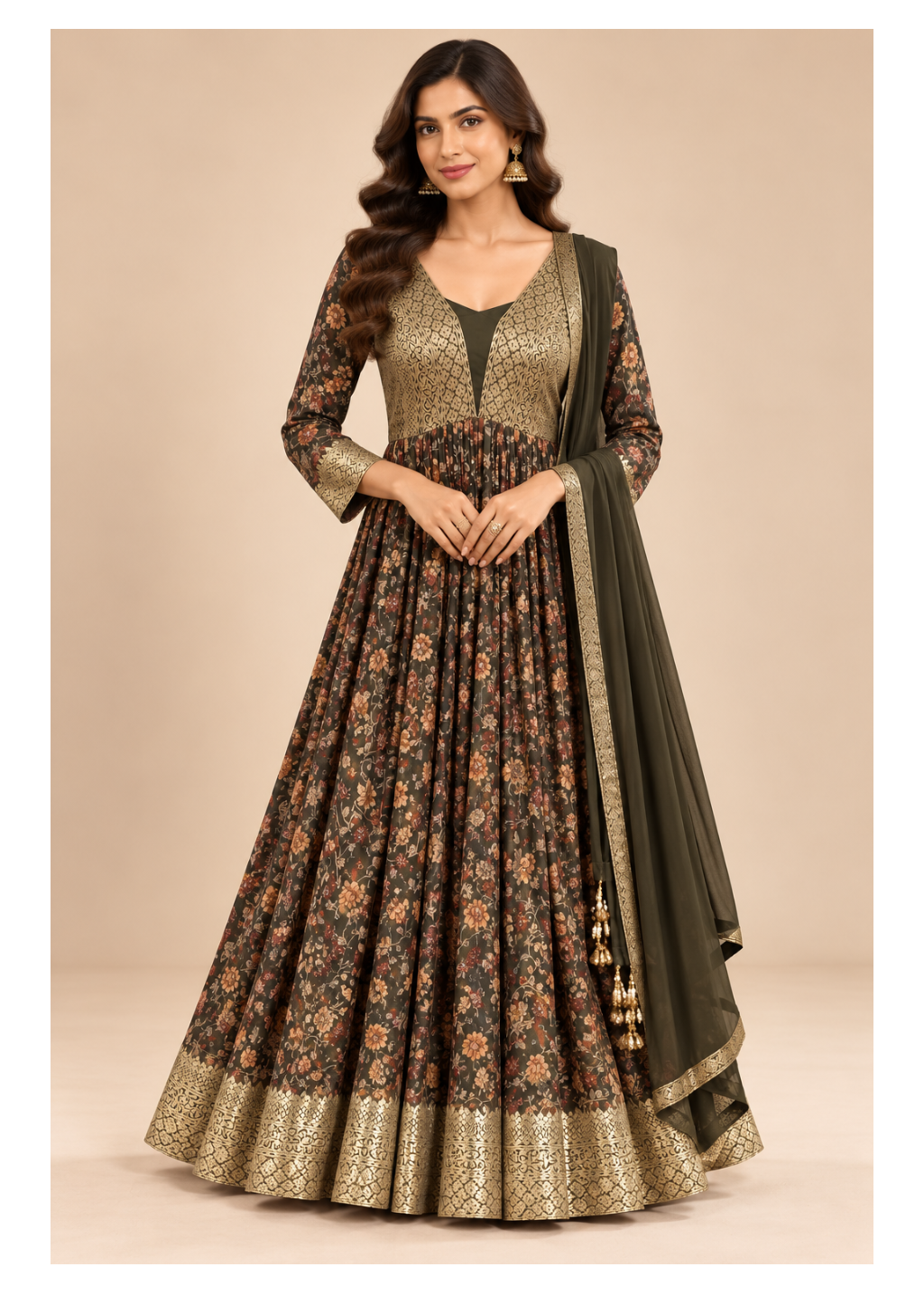 Elegant Olive Green Floral Anarkali Suit