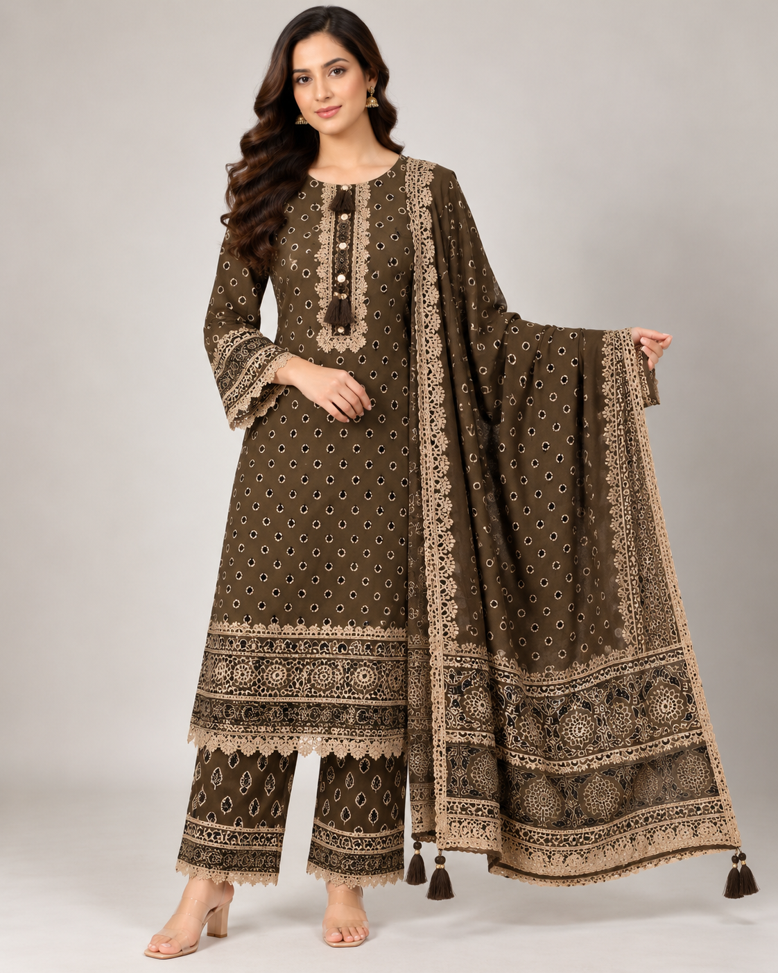 Olive Brown Printed & Embroidered Pakistani Suit Set Main image