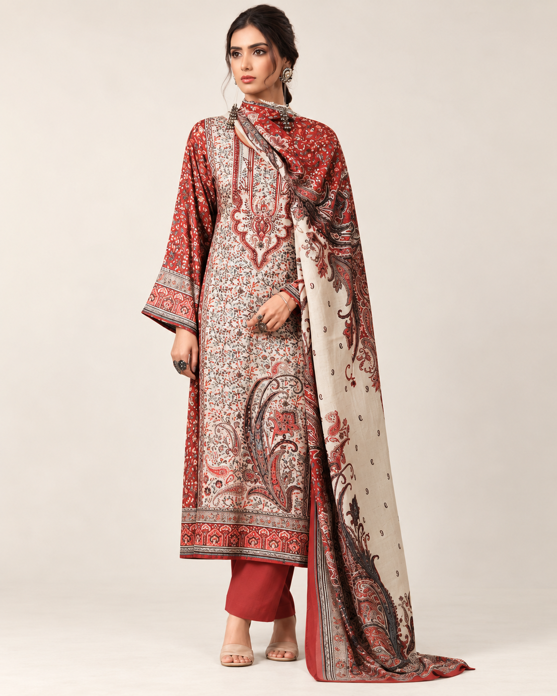 Elegant Red Paisley Print Kurta Set