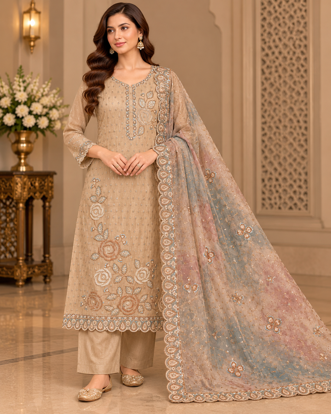Elegant Beige Pastel Floral Embroidered Suit Main image