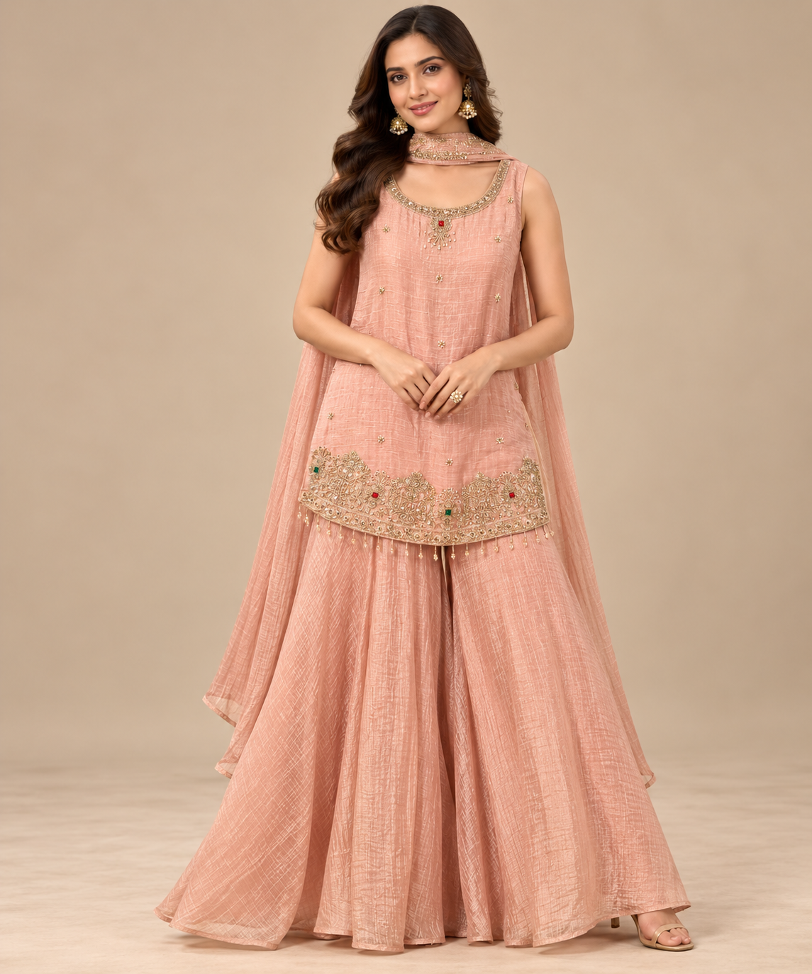 Elegant Peach Embroidered Sharara Ensemble