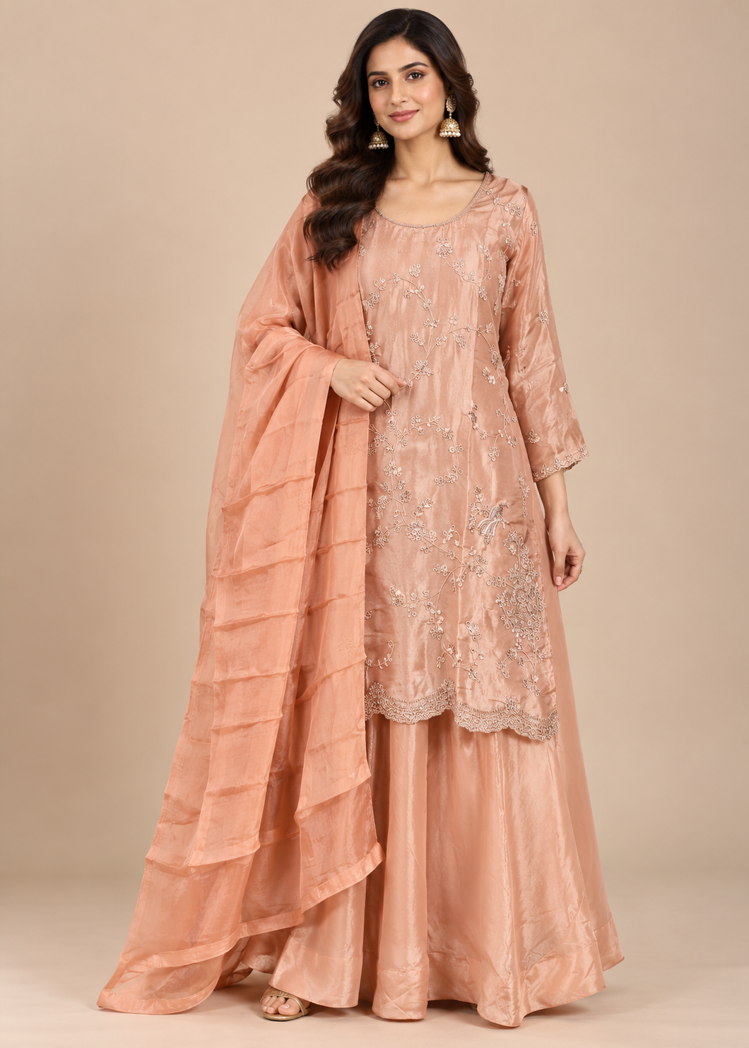 Ethereal Peach Embroidered Kurta & Sharara Set