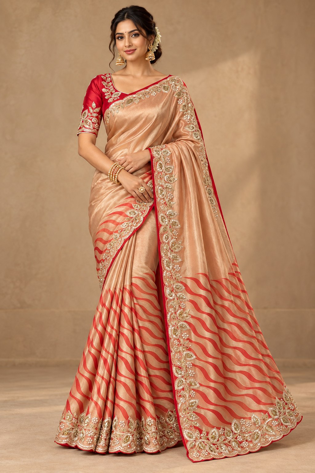 Peach Gold Tissue Silk Saree with Red Leheriya Pleats & Scalloped Zardozi Border